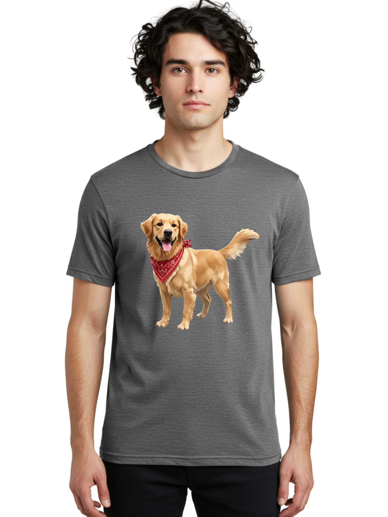 Golden-Retriever-14 Men'S Graphic Tee, 100% Cotton, Comfortable Casual Summer Wear, Machine Washable, Golden Retriever Dog, Red Bandana, Happy Dog, Friendly Pet, Canine Companion, Dog Illustration, Adorable Animal, Pet Portrait, Bab971