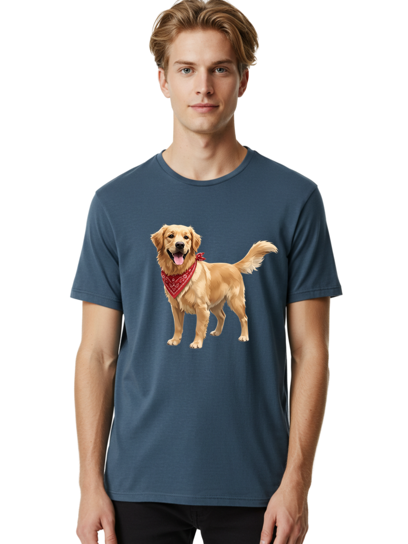 Golden-Retriever-14 Men'S Graphic Tee, 100% Cotton, Comfortable Casual Summer Wear, Machine Washable, Golden Retriever Dog, Red Bandana, Happy Dog, Friendly Pet, Canine Companion, Dog Illustration, Adorable Animal, Pet Portrait, Bab971