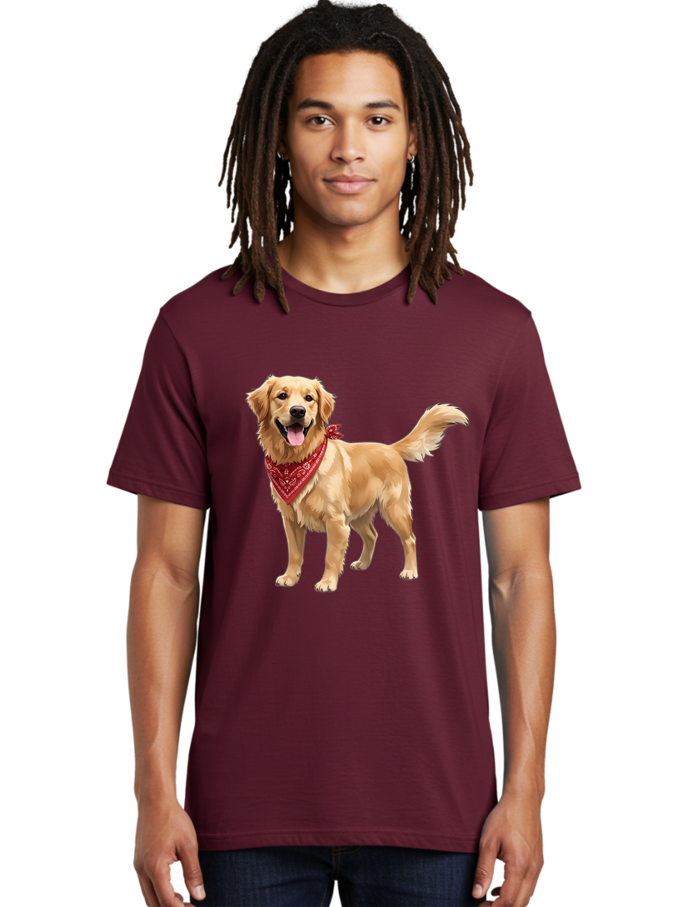 Golden-Retriever-14 Men'S Graphic Tee, 100% Cotton, Comfortable Casual Summer Wear, Machine Washable, Golden Retriever Dog, Red Bandana, Happy Dog, Friendly Pet, Canine Companion, Dog Illustration, Adorable Animal, Pet Portrait, Bab971