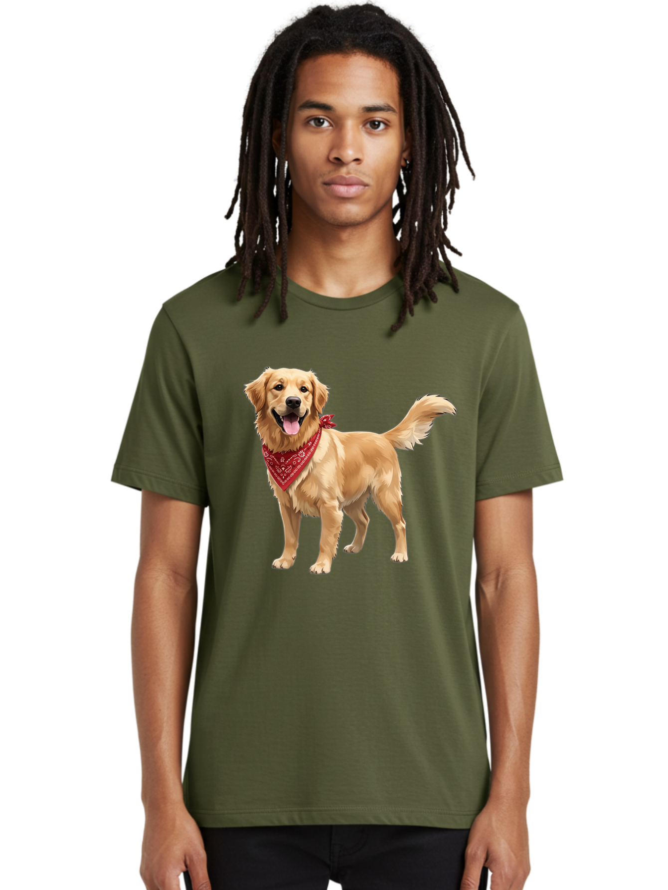Golden-Retriever-14 Men'S Graphic Tee, 100% Cotton, Comfortable Casual Summer Wear, Machine Washable, Golden Retriever Dog, Red Bandana, Happy Dog, Friendly Pet, Canine Companion, Dog Illustration, Adorable Animal, Pet Portrait, Bab971