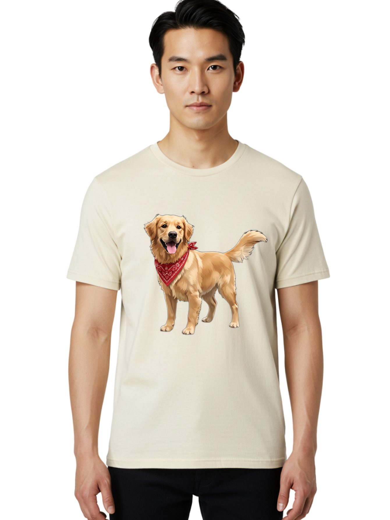 Golden-Retriever-14 Men'S Graphic Tee, 100% Cotton, Comfortable Casual Summer Wear, Machine Washable, Golden Retriever Dog, Red Bandana, Happy Dog, Friendly Pet, Canine Companion, Dog Illustration, Adorable Animal, Pet Portrait, Bab971
