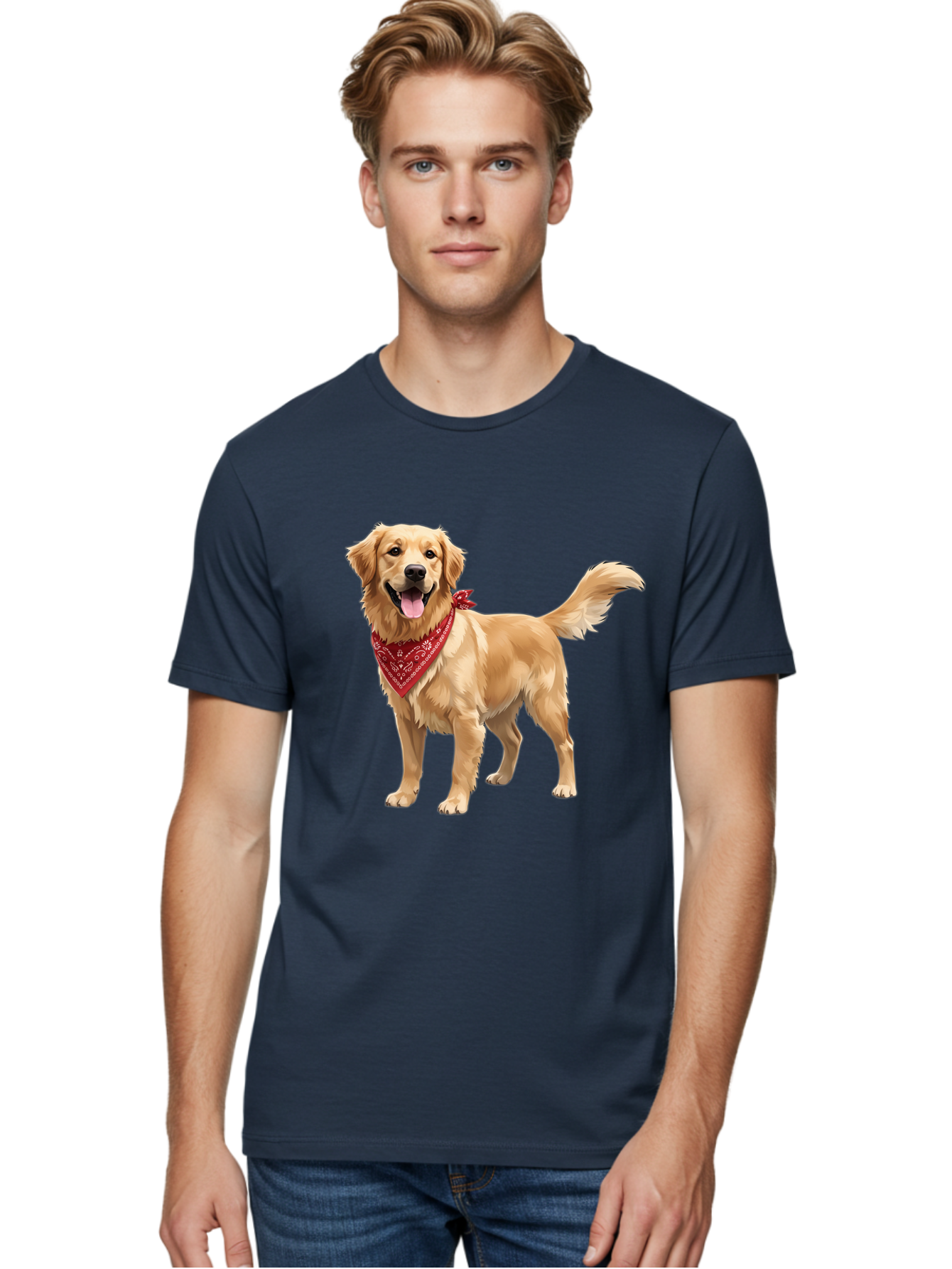 Golden-Retriever-14 Men'S Graphic Tee, 100% Cotton, Comfortable Casual Summer Wear, Machine Washable, Golden Retriever Dog, Red Bandana, Happy Dog, Friendly Pet, Canine Companion, Dog Illustration, Adorable Animal, Pet Portrait, Bab971