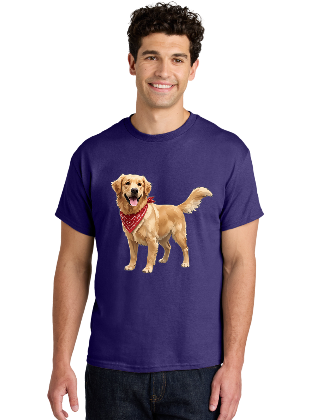 Golden-Retriever-14 Men'S Graphic Tee, 100% Cotton, Comfortable Casual Summer Wear, Machine Washable, Golden Retriever Dog, Red Bandana, Happy Dog, Friendly Pet, Canine Companion, Dog Illustration, Adorable Animal, Pet Portrait, Bab971
