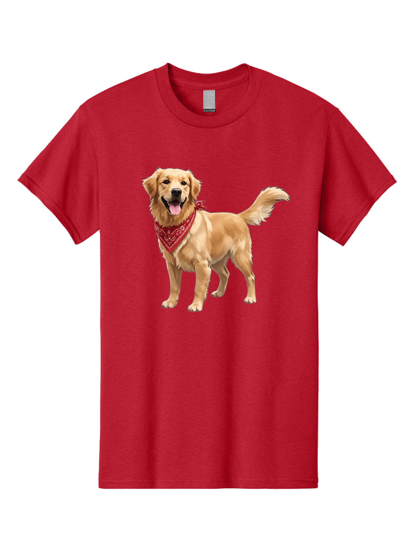 Golden-Retriever-14 Men'S Graphic Tee, 100% Cotton, Comfortable Casual Summer Wear, Machine Washable, Golden Retriever Dog, Red Bandana, Happy Dog, Friendly Pet, Canine Companion, Dog Illustration, Adorable Animal, Pet Portrait, Bab971