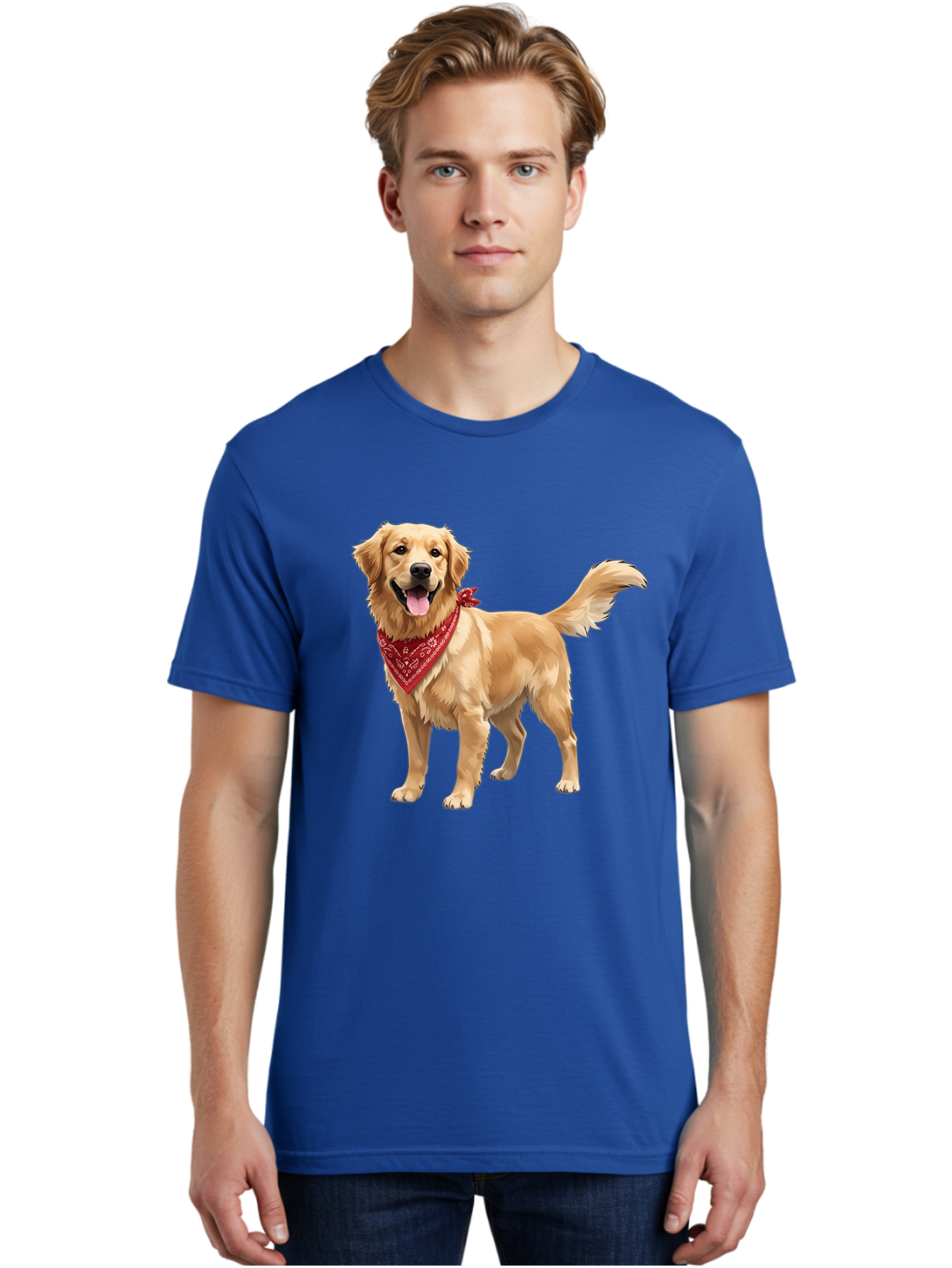 Golden-Retriever-14 Men'S Graphic Tee, 100% Cotton, Comfortable Casual Summer Wear, Machine Washable, Golden Retriever Dog, Red Bandana, Happy Dog, Friendly Pet, Canine Companion, Dog Illustration, Adorable Animal, Pet Portrait, Bab971