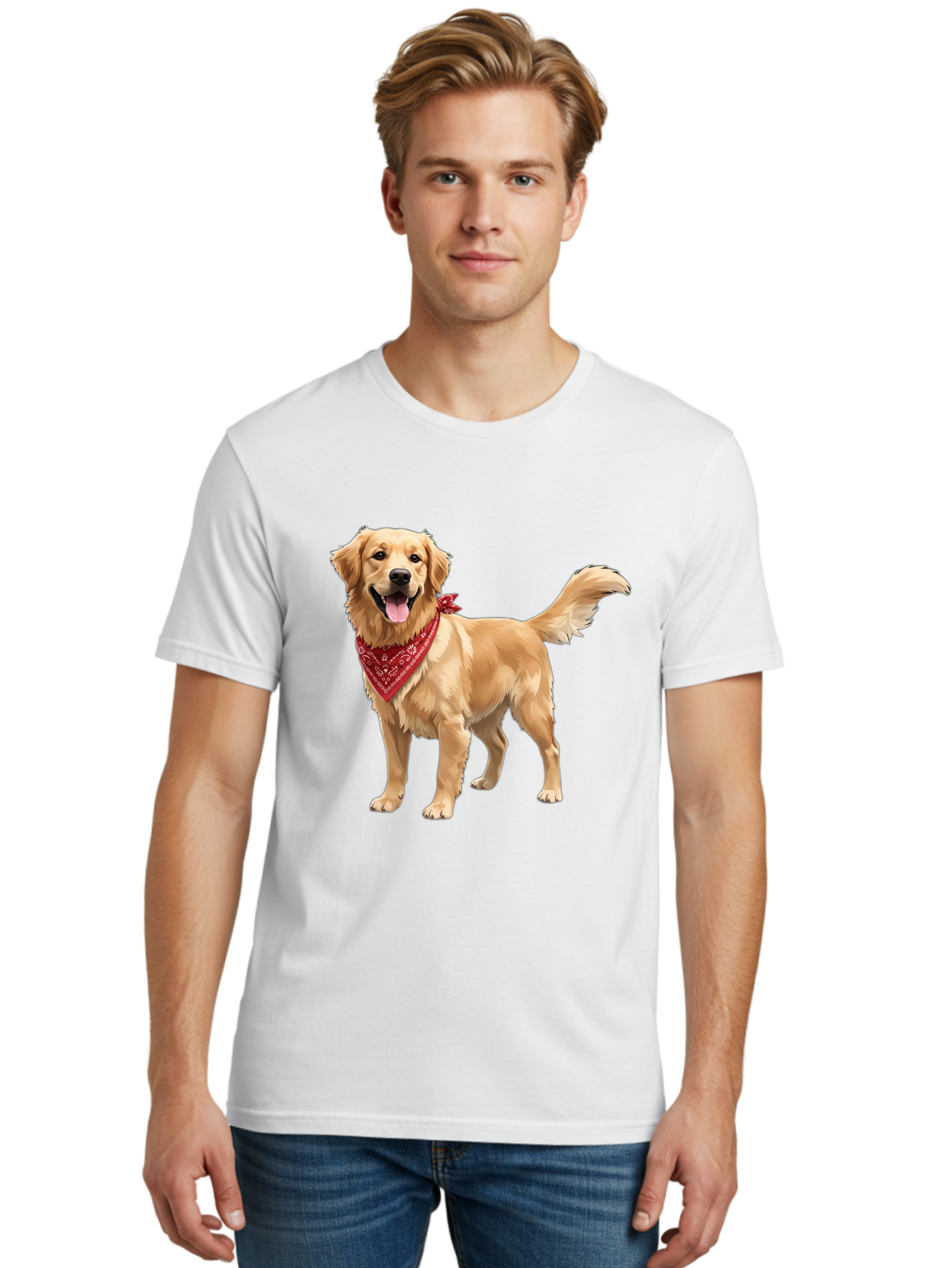 Golden-Retriever-14 Men'S Graphic Tee, 100% Cotton, Comfortable Casual Summer Wear, Machine Washable, Golden Retriever Dog, Red Bandana, Happy Dog, Friendly Pet, Canine Companion, Dog Illustration, Adorable Animal, Pet Portrait, Bab971