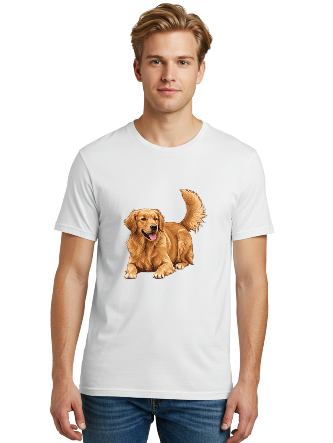 Golden-Retriever-17 Men'S Graphic Tee, 100% Cotton, Comfortable Casual Summer Wear, Machine Washable, Golden Retriever Dog, Playful Pet, Happy Animal, Fluffy Fur, Friendly Breed, Loyal Companion, Canine Friend, Dog Portrait, Pet Illustration Bab974