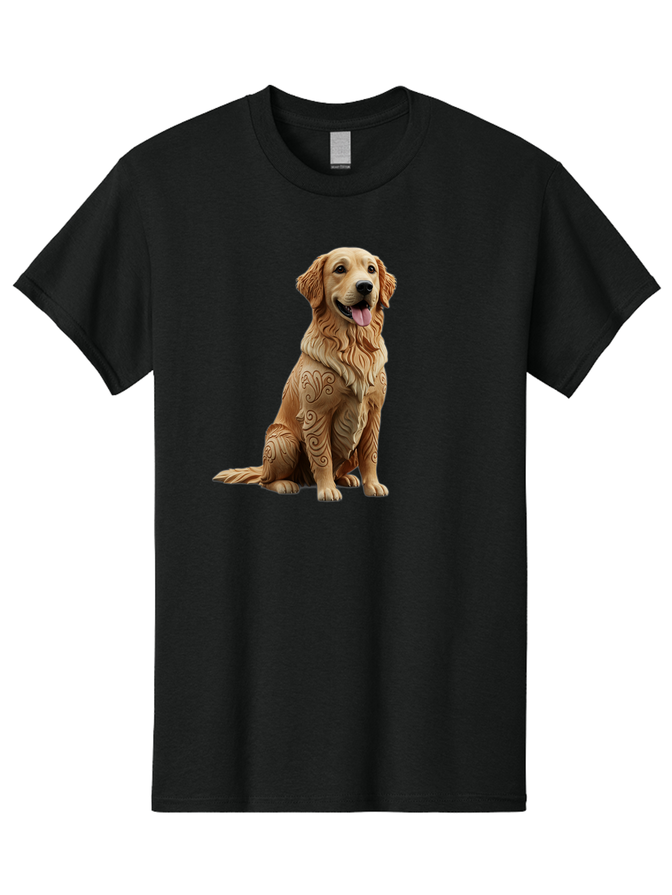 Golden-Retriever-2 Men'S Graphic Tee, 100% Cotton, Comfortable Casual Summer Wear, Machine Washable, Golden Retriever Dog, Carved Wooden Dog, Intricate Designs, Carved Patterns, Wooden Texture, Dog Figurine, Sitting Dog, Happy Dog, Bab976