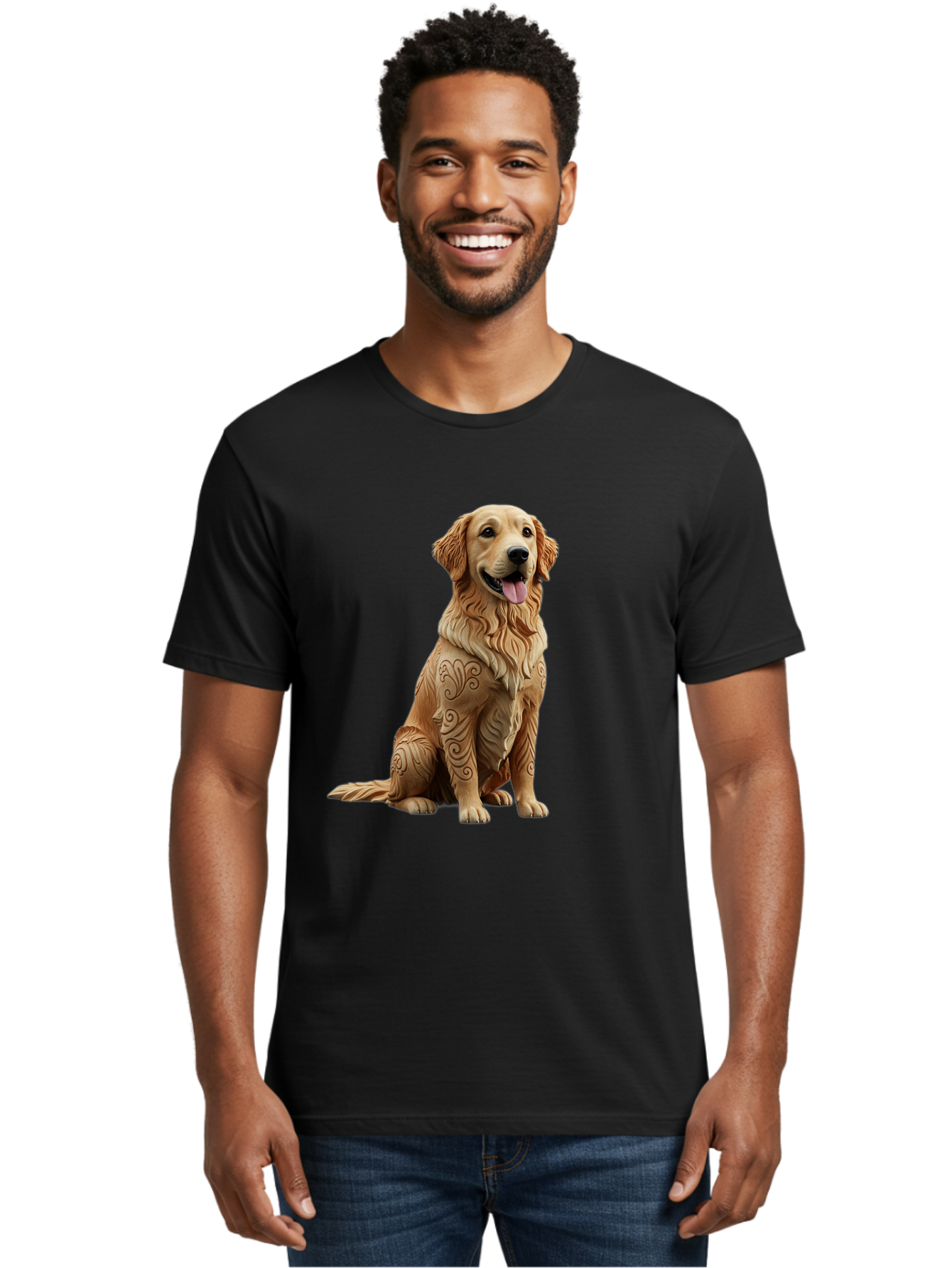Golden-Retriever-2 Men'S Graphic Tee, 100% Cotton, Comfortable Casual Summer Wear, Machine Washable, Golden Retriever Dog, Carved Wooden Dog, Intricate Designs, Carved Patterns, Wooden Texture, Dog Figurine, Sitting Dog, Happy Dog, Bab976