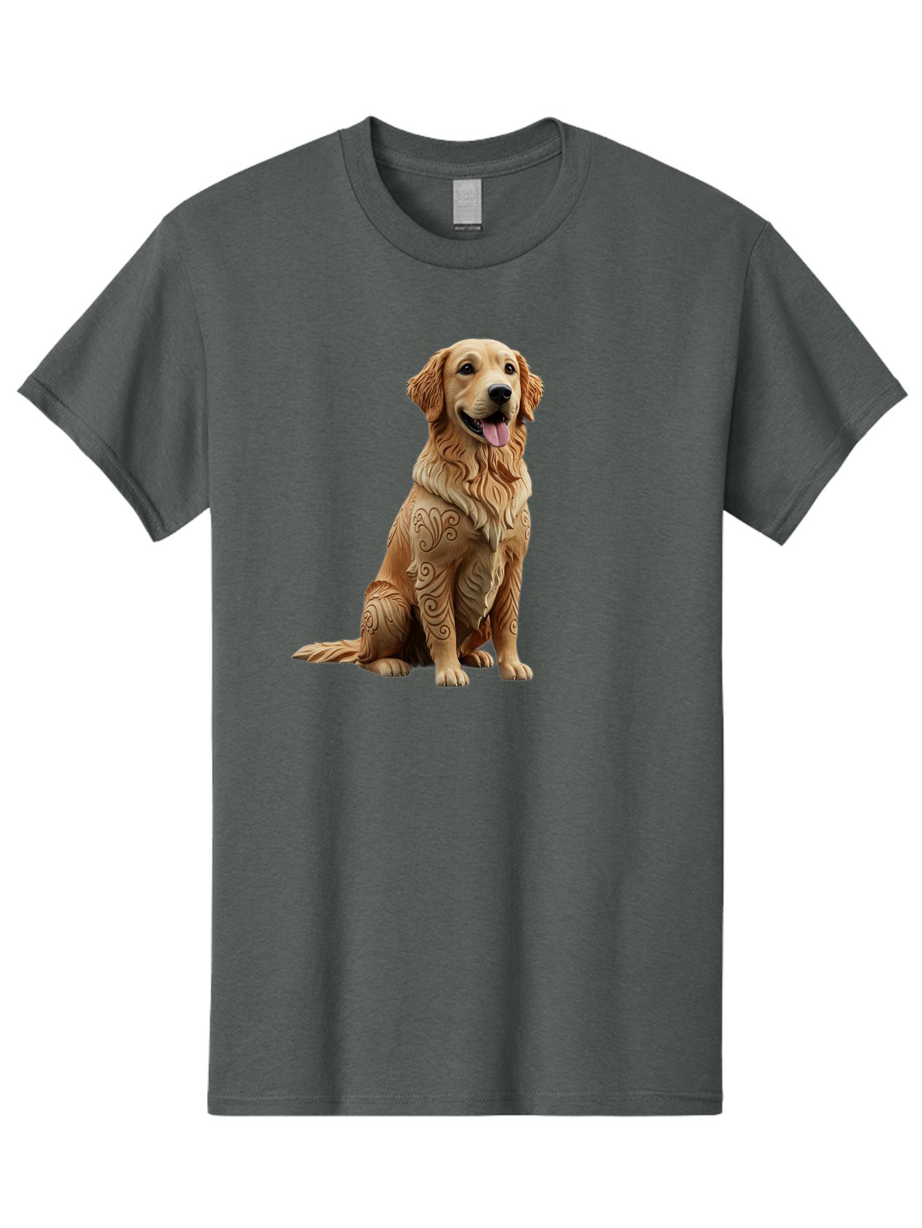 Golden-Retriever-2 Men'S Graphic Tee, 100% Cotton, Comfortable Casual Summer Wear, Machine Washable, Golden Retriever Dog, Carved Wooden Dog, Intricate Designs, Carved Patterns, Wooden Texture, Dog Figurine, Sitting Dog, Happy Dog, Bab976