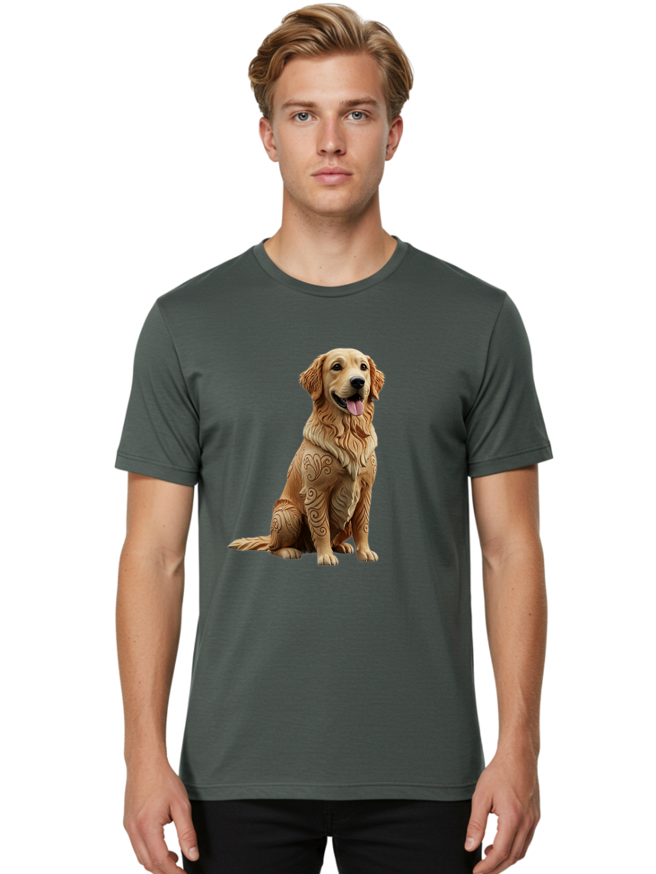 Golden-Retriever-2 Men'S Graphic Tee, 100% Cotton, Comfortable Casual Summer Wear, Machine Washable, Golden Retriever Dog, Carved Wooden Dog, Intricate Designs, Carved Patterns, Wooden Texture, Dog Figurine, Sitting Dog, Happy Dog, Bab976