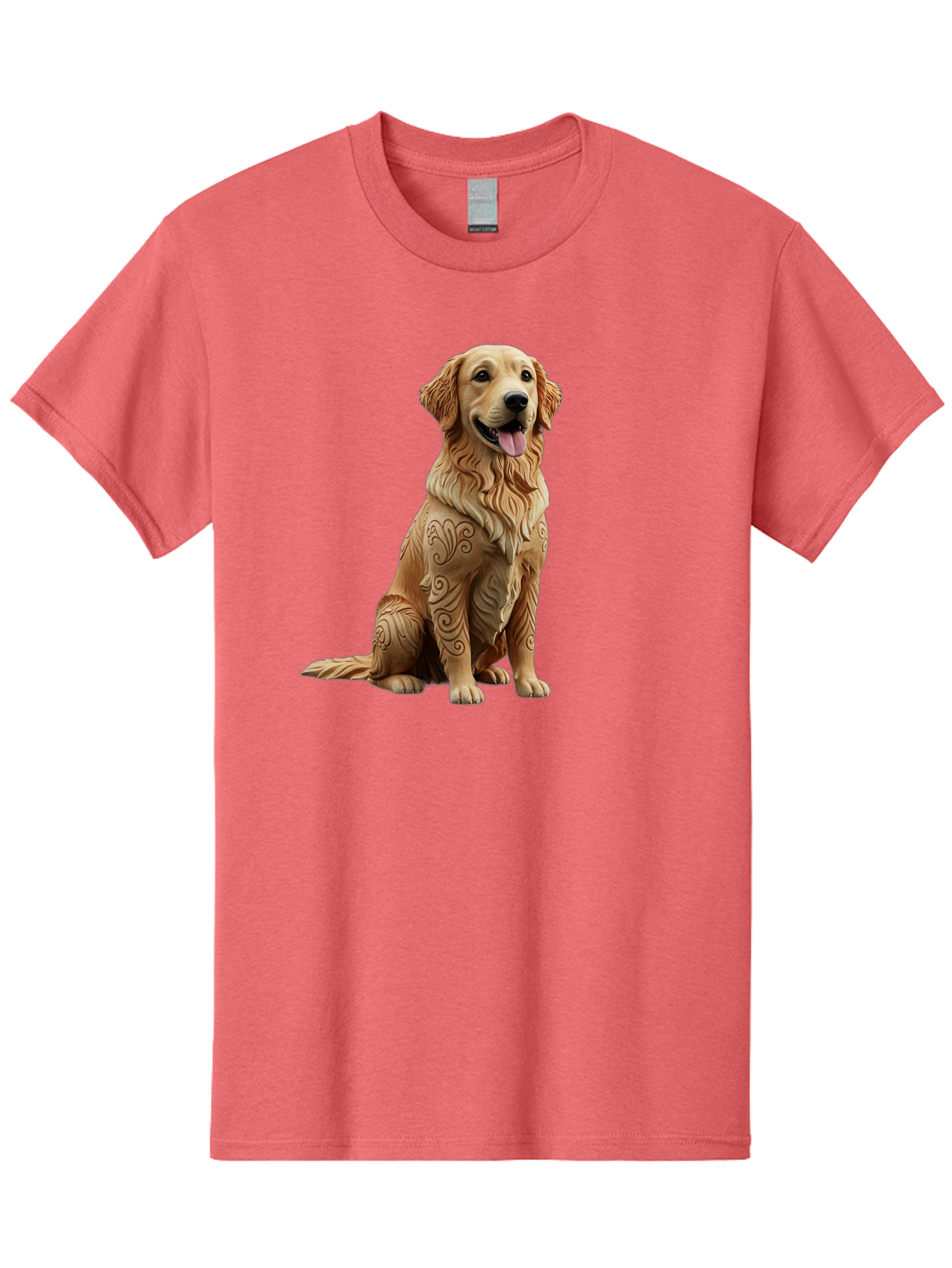 Golden-Retriever-2 Men'S Graphic Tee, 100% Cotton, Comfortable Casual Summer Wear, Machine Washable, Golden Retriever Dog, Carved Wooden Dog, Intricate Designs, Carved Patterns, Wooden Texture, Dog Figurine, Sitting Dog, Happy Dog, Bab976