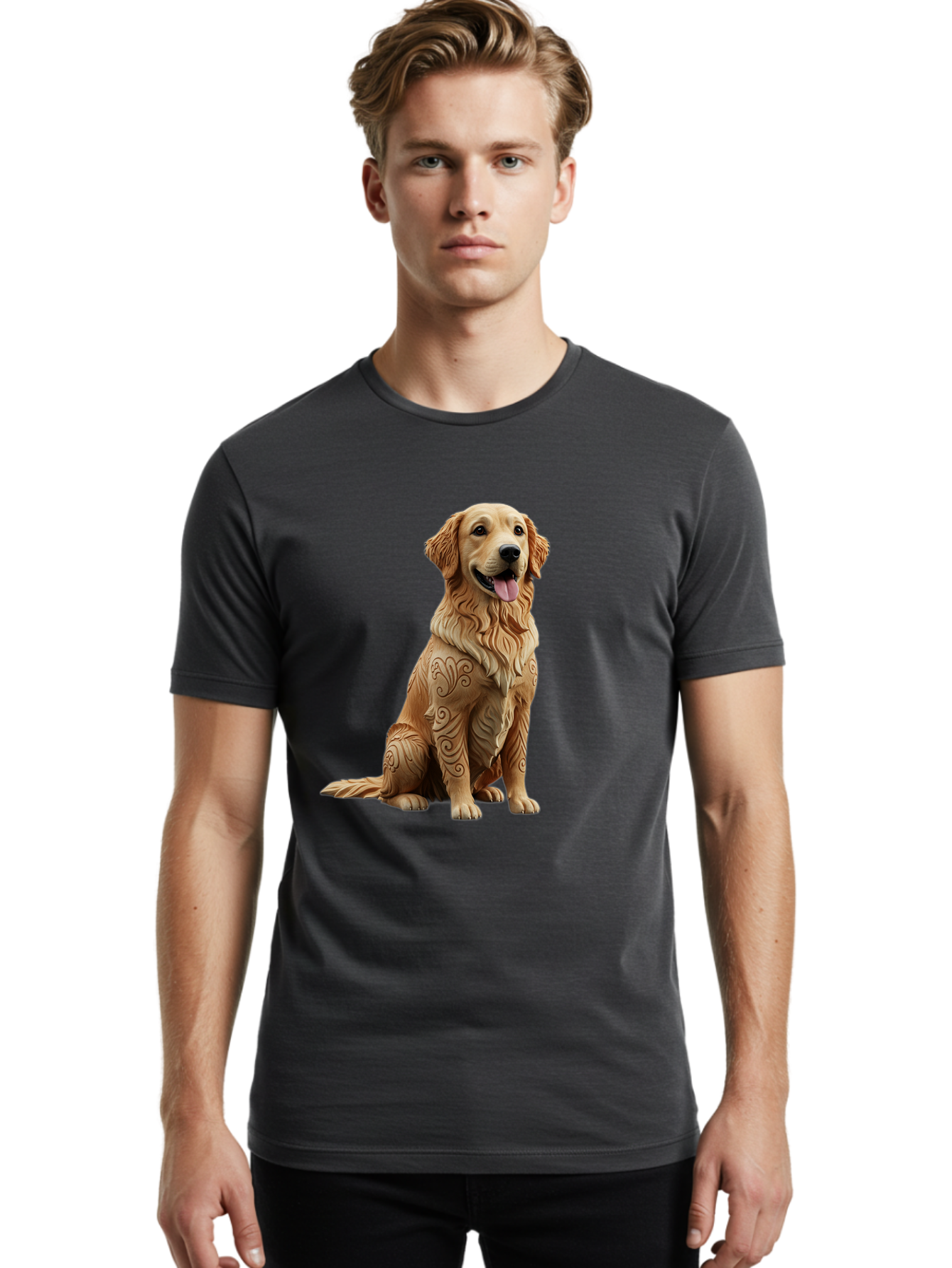 Golden-Retriever-2 Men'S Graphic Tee, 100% Cotton, Comfortable Casual Summer Wear, Machine Washable, Golden Retriever Dog, Carved Wooden Dog, Intricate Designs, Carved Patterns, Wooden Texture, Dog Figurine, Sitting Dog, Happy Dog, Bab976
