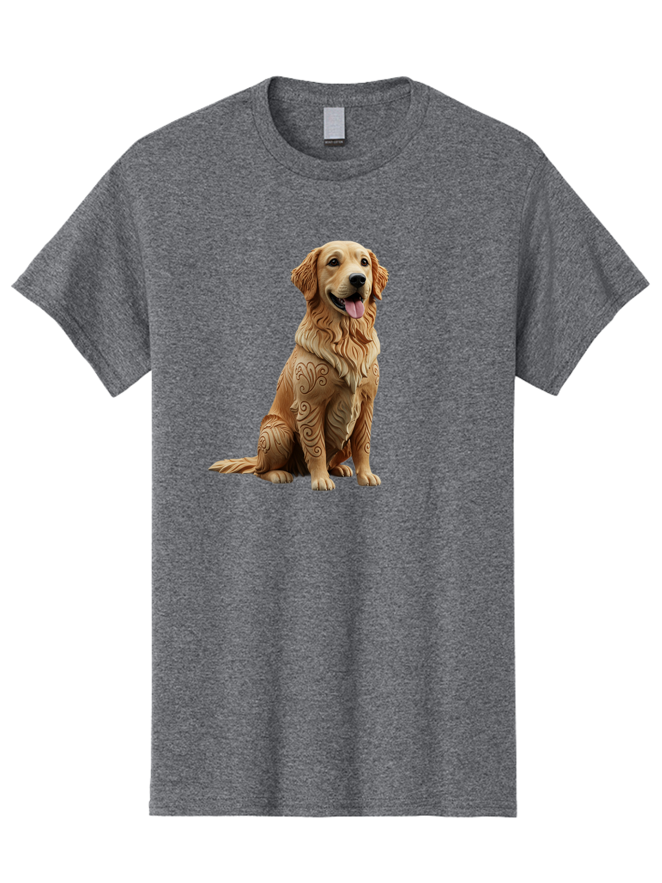 Golden-Retriever-2 Men'S Graphic Tee, 100% Cotton, Comfortable Casual Summer Wear, Machine Washable, Golden Retriever Dog, Carved Wooden Dog, Intricate Designs, Carved Patterns, Wooden Texture, Dog Figurine, Sitting Dog, Happy Dog, Bab976