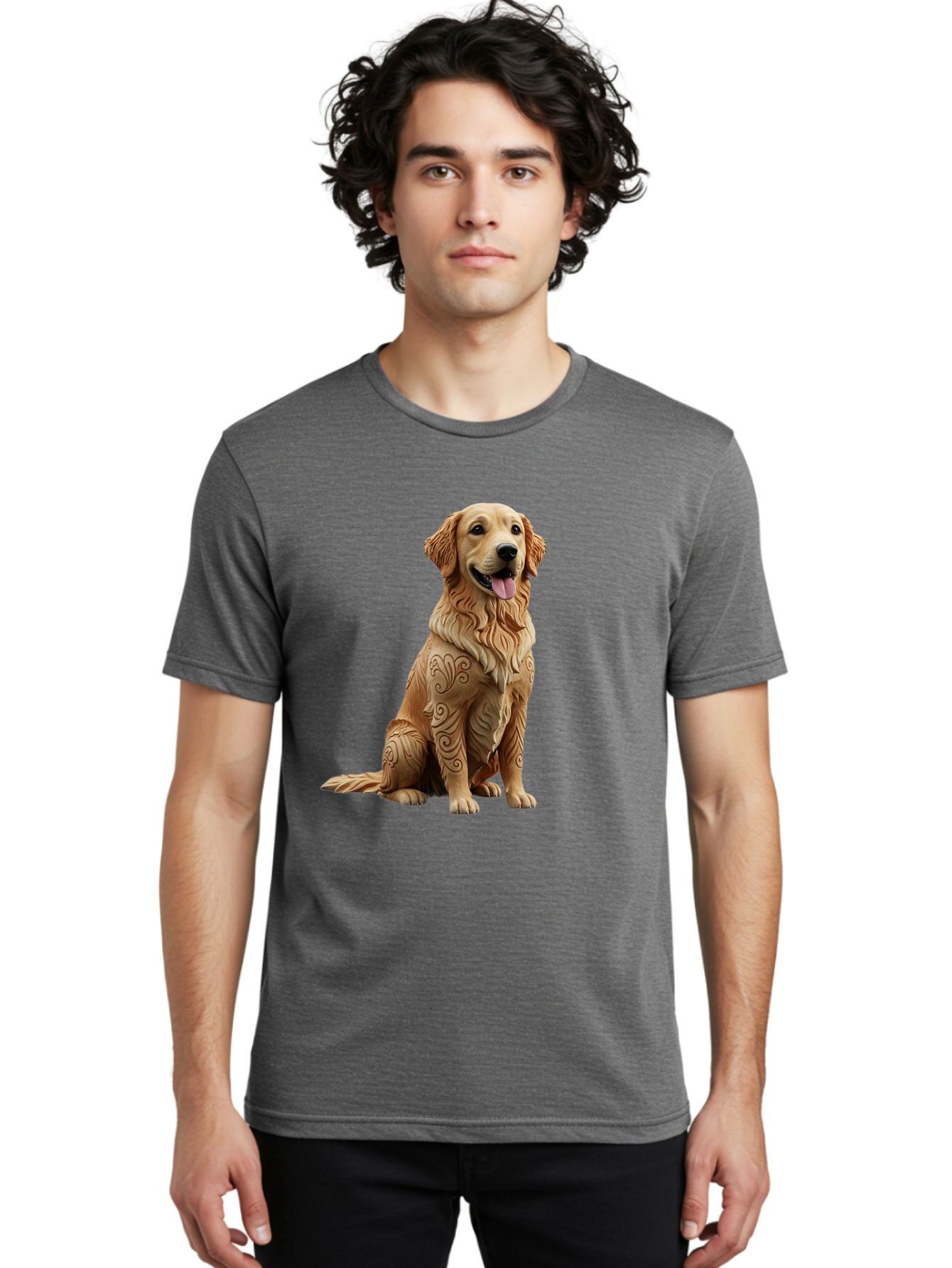 Golden-Retriever-2 Men'S Graphic Tee, 100% Cotton, Comfortable Casual Summer Wear, Machine Washable, Golden Retriever Dog, Carved Wooden Dog, Intricate Designs, Carved Patterns, Wooden Texture, Dog Figurine, Sitting Dog, Happy Dog, Bab976