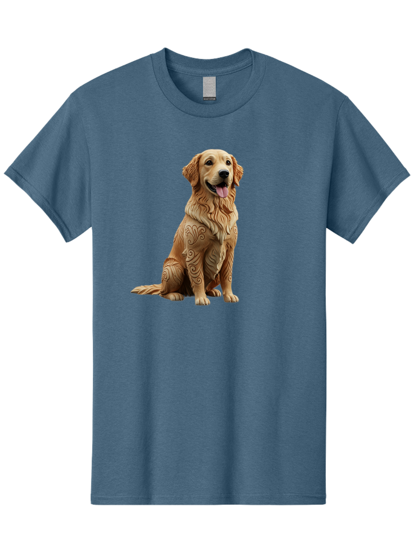 Golden-Retriever-2 Men'S Graphic Tee, 100% Cotton, Comfortable Casual Summer Wear, Machine Washable, Golden Retriever Dog, Carved Wooden Dog, Intricate Designs, Carved Patterns, Wooden Texture, Dog Figurine, Sitting Dog, Happy Dog, Bab976
