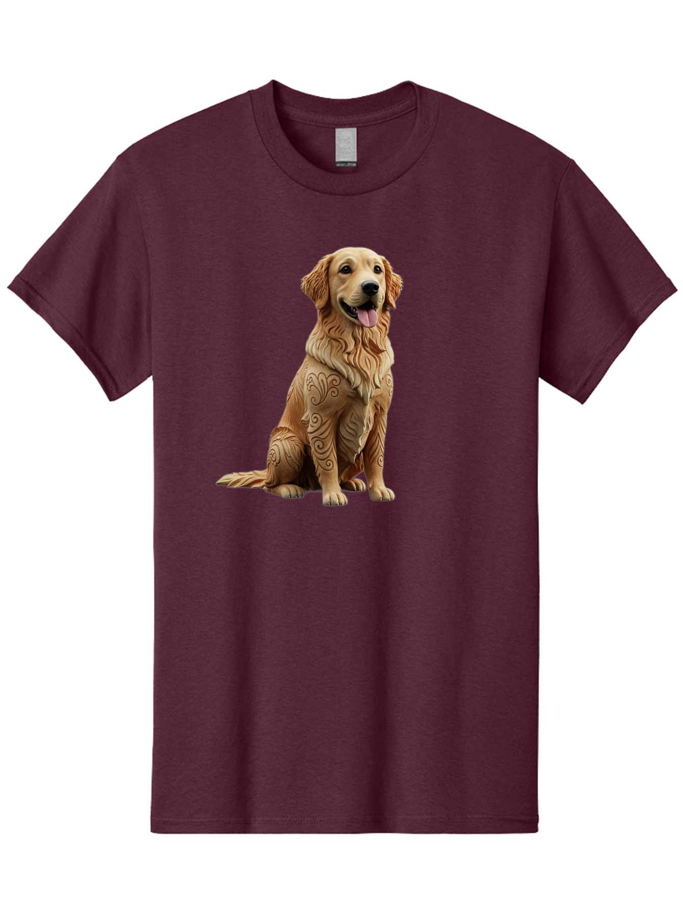 Golden-Retriever-2 Men'S Graphic Tee, 100% Cotton, Comfortable Casual Summer Wear, Machine Washable, Golden Retriever Dog, Carved Wooden Dog, Intricate Designs, Carved Patterns, Wooden Texture, Dog Figurine, Sitting Dog, Happy Dog, Bab976