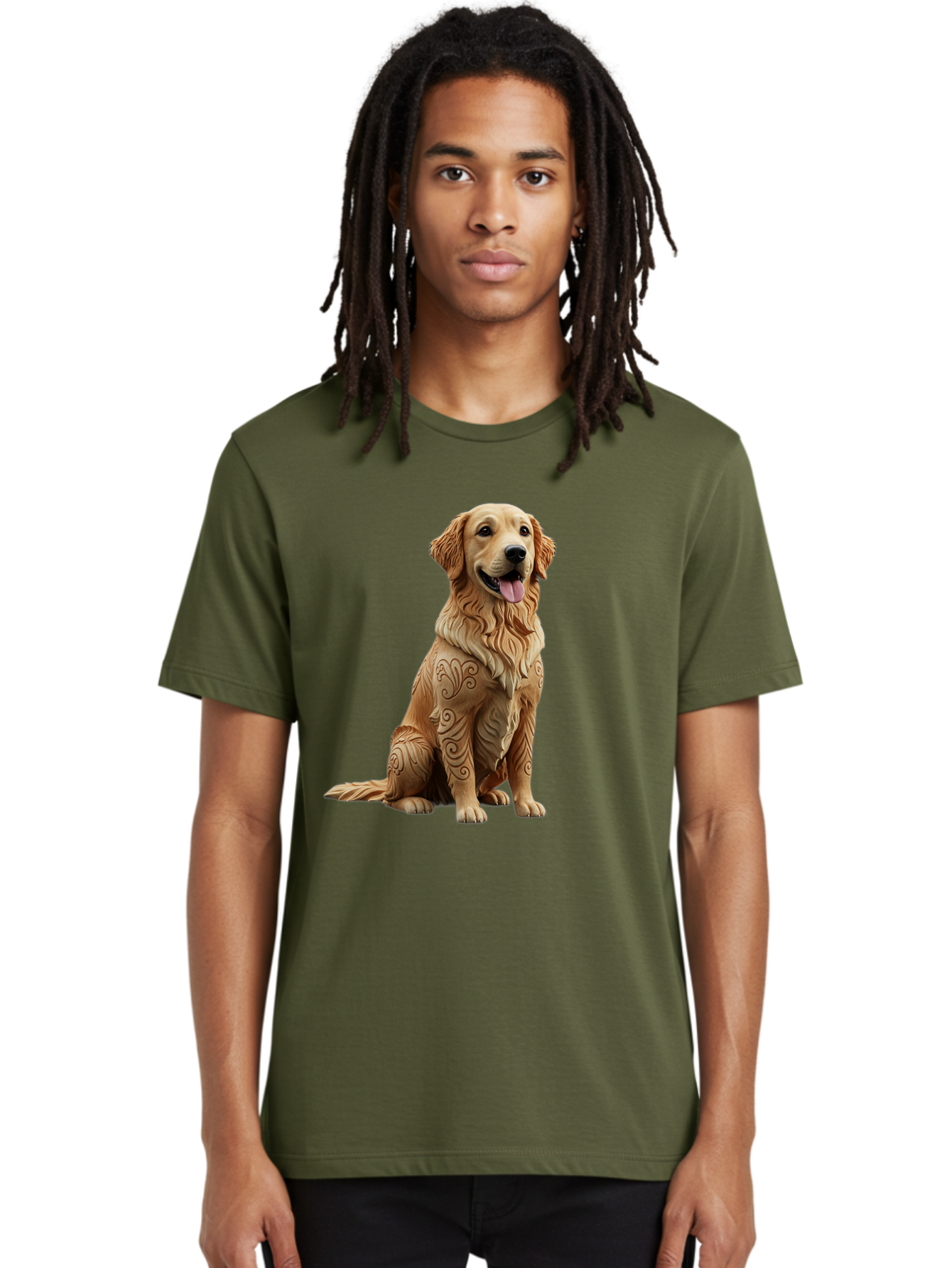Golden-Retriever-2 Men'S Graphic Tee, 100% Cotton, Comfortable Casual Summer Wear, Machine Washable, Golden Retriever Dog, Carved Wooden Dog, Intricate Designs, Carved Patterns, Wooden Texture, Dog Figurine, Sitting Dog, Happy Dog, Bab976