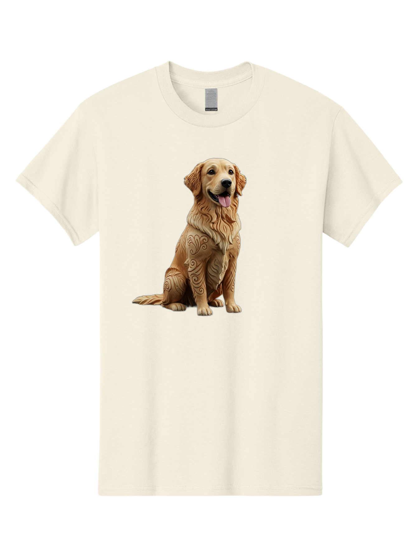 Golden-Retriever-2 Men'S Graphic Tee, 100% Cotton, Comfortable Casual Summer Wear, Machine Washable, Golden Retriever Dog, Carved Wooden Dog, Intricate Designs, Carved Patterns, Wooden Texture, Dog Figurine, Sitting Dog, Happy Dog, Bab976