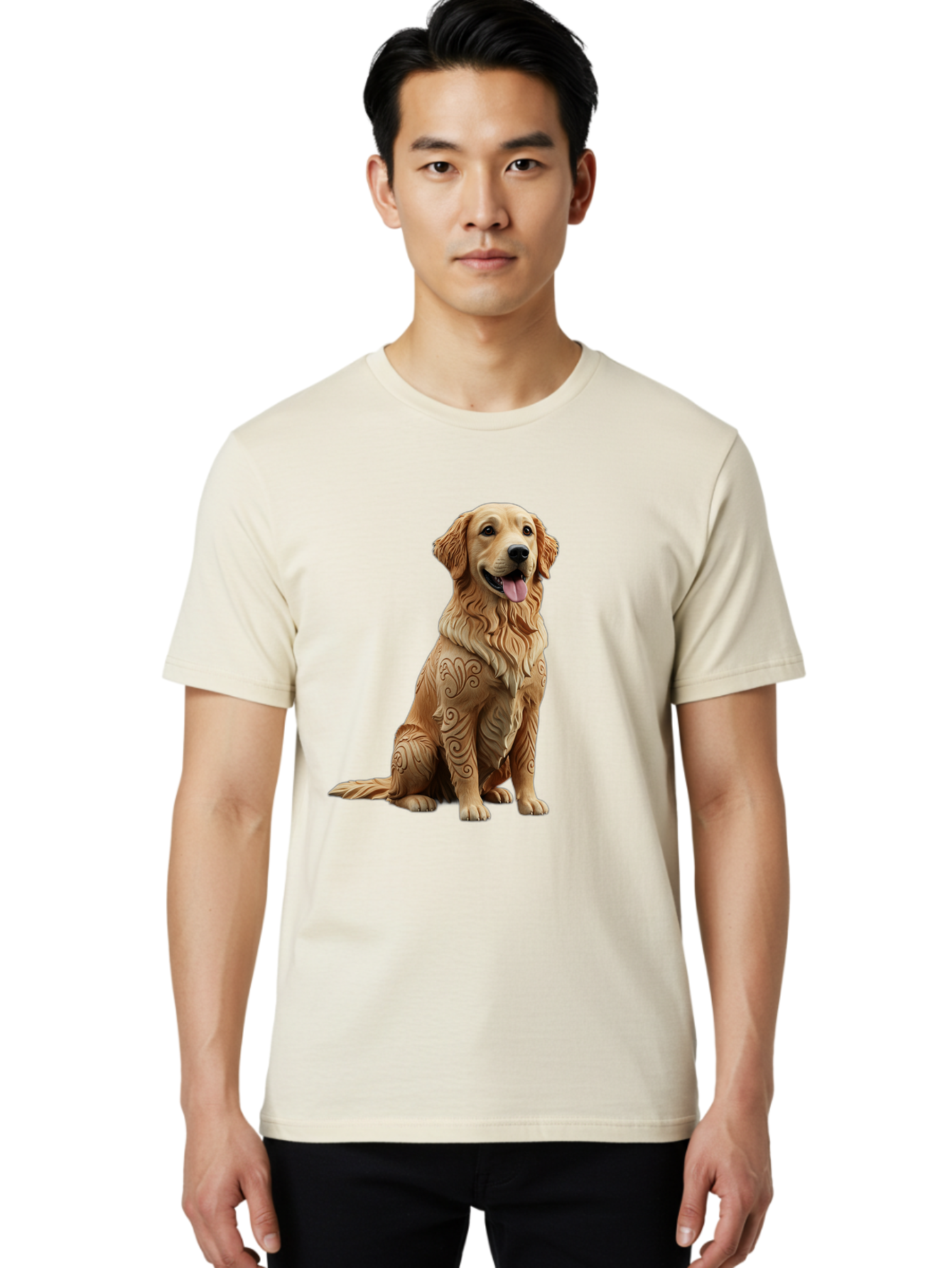 Golden-Retriever-2 Men'S Graphic Tee, 100% Cotton, Comfortable Casual Summer Wear, Machine Washable, Golden Retriever Dog, Carved Wooden Dog, Intricate Designs, Carved Patterns, Wooden Texture, Dog Figurine, Sitting Dog, Happy Dog, Bab976