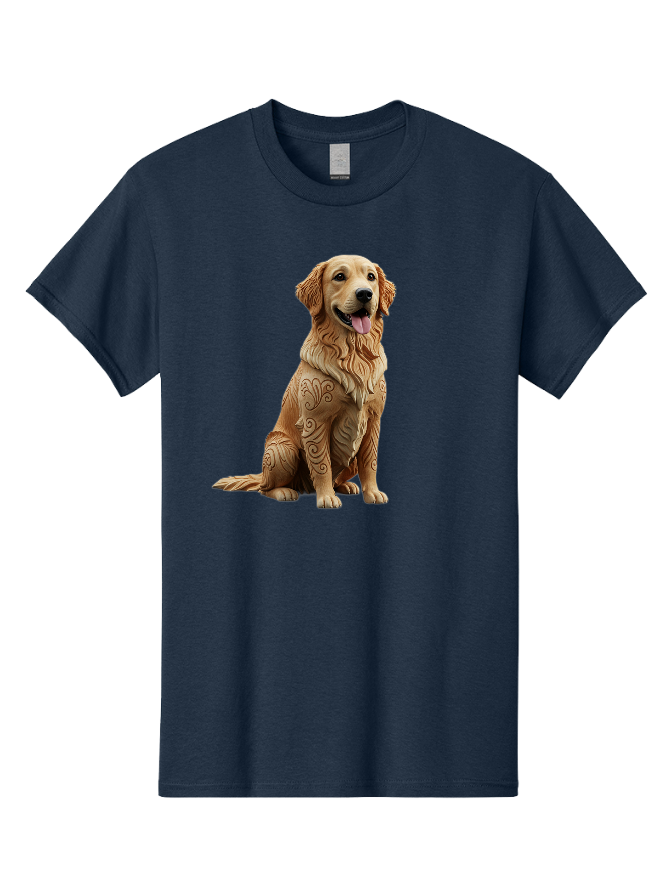 Golden-Retriever-2 Men'S Graphic Tee, 100% Cotton, Comfortable Casual Summer Wear, Machine Washable, Golden Retriever Dog, Carved Wooden Dog, Intricate Designs, Carved Patterns, Wooden Texture, Dog Figurine, Sitting Dog, Happy Dog, Bab976