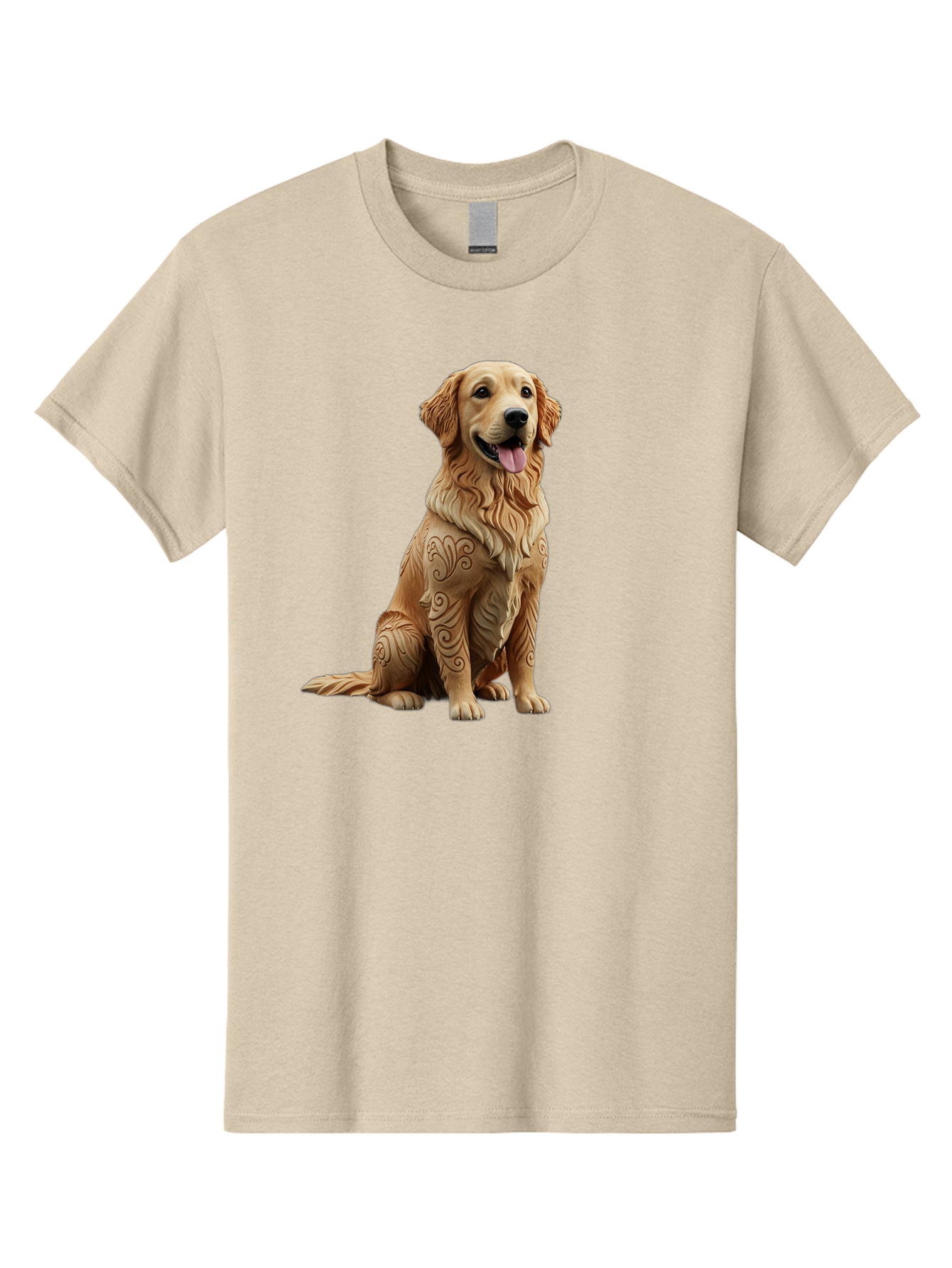 Golden-Retriever-2 Men'S Graphic Tee, 100% Cotton, Comfortable Casual Summer Wear, Machine Washable, Golden Retriever Dog, Carved Wooden Dog, Intricate Designs, Carved Patterns, Wooden Texture, Dog Figurine, Sitting Dog, Happy Dog, Bab976