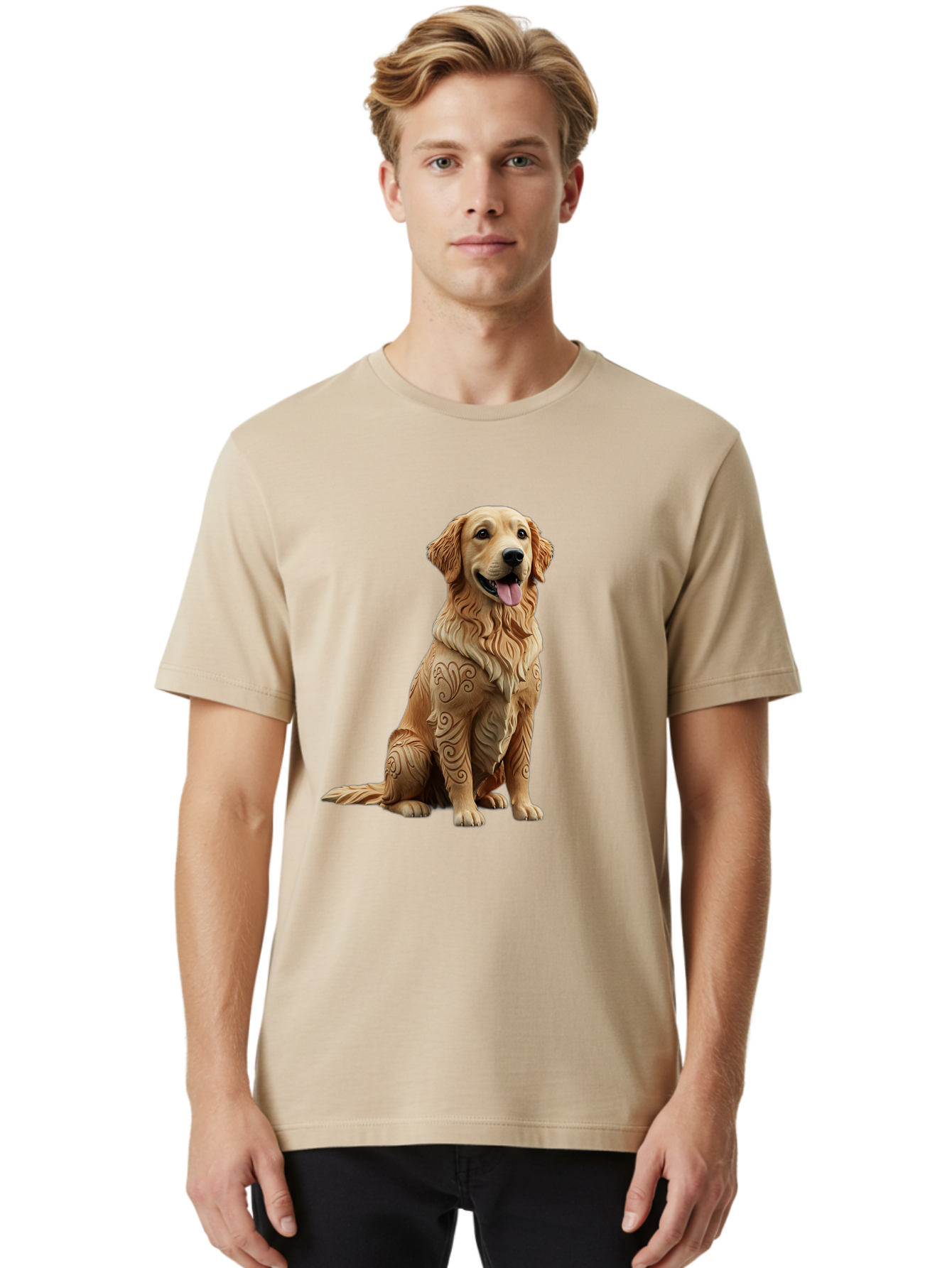 Golden-Retriever-2 Men'S Graphic Tee, 100% Cotton, Comfortable Casual Summer Wear, Machine Washable, Golden Retriever Dog, Carved Wooden Dog, Intricate Designs, Carved Patterns, Wooden Texture, Dog Figurine, Sitting Dog, Happy Dog, Bab976