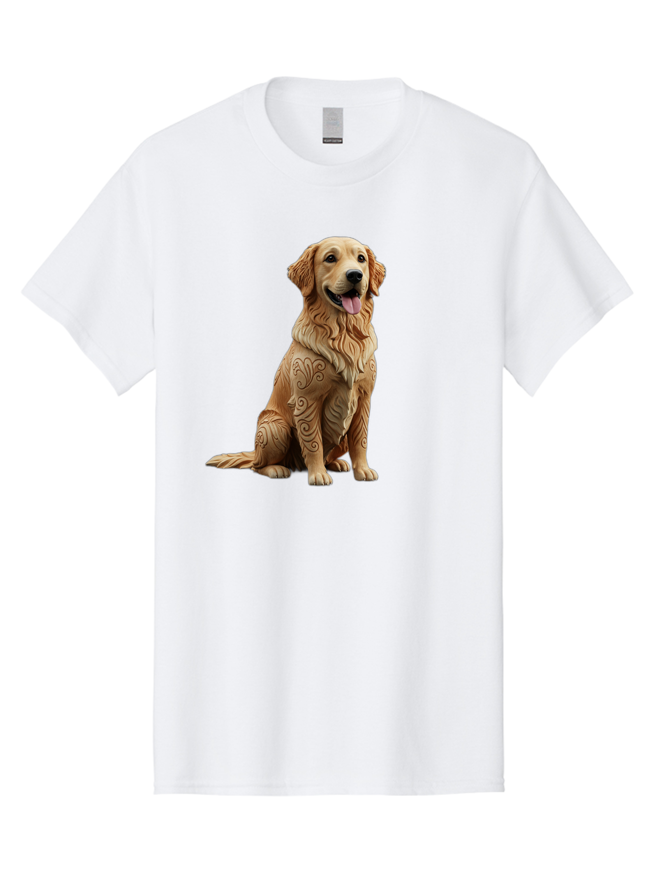 Golden-Retriever-2 Men'S Graphic Tee, 100% Cotton, Comfortable Casual Summer Wear, Machine Washable, Golden Retriever Dog, Carved Wooden Dog, Intricate Designs, Carved Patterns, Wooden Texture, Dog Figurine, Sitting Dog, Happy Dog, Bab976