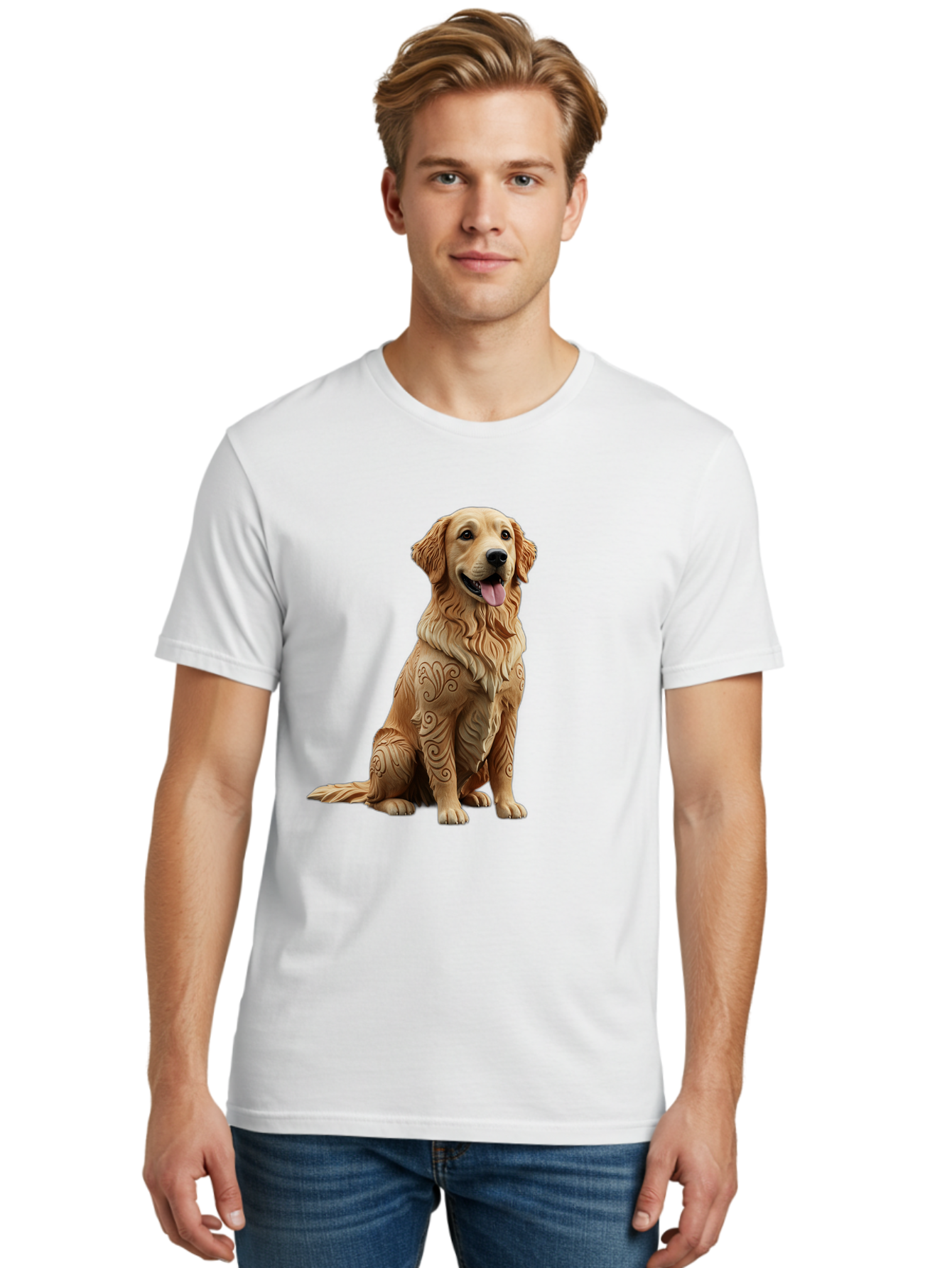 Golden-Retriever-2 Men'S Graphic Tee, 100% Cotton, Comfortable Casual Summer Wear, Machine Washable, Golden Retriever Dog, Carved Wooden Dog, Intricate Designs, Carved Patterns, Wooden Texture, Dog Figurine, Sitting Dog, Happy Dog, Bab976