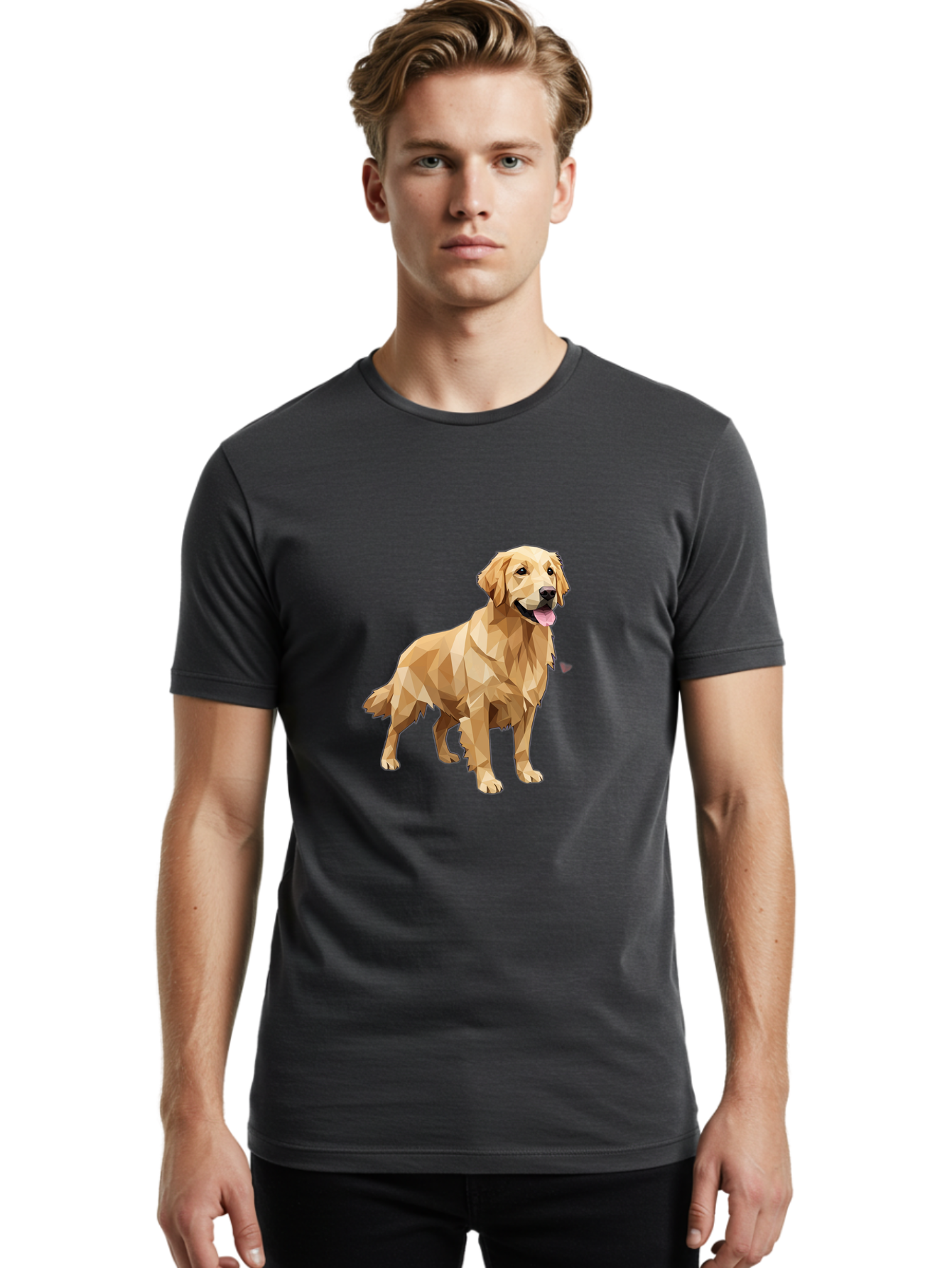 Golden-Retriever-4 Men'S Graphic Tee, 100% Cotton, Comfortable Casual Summer Wear, Machine Washable, Low-Poly Golden Retriever, Dog Illustration, Geometric Art, Canine Graphic, Modern Dog Design, Happy Dog, Geometric Dog, Dog Portrait, Bab978
