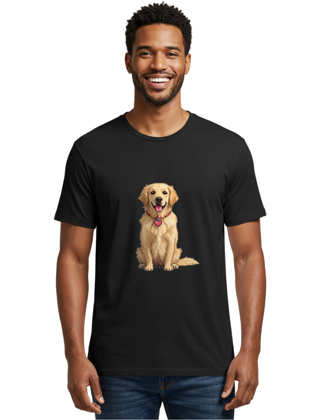 Golden-Retriever-5 Men'S Graphic Tee, 100% Cotton, Comfortable Casual Summer Wear, Machine Washable, Golden Retriever, Dog With Pink Heart Tag, Sitting Dog, Cute Canine, Pet Portrait, Furry Friend, Heartwarming Scene, Lovable Dog, Adorable Pet Bab979
