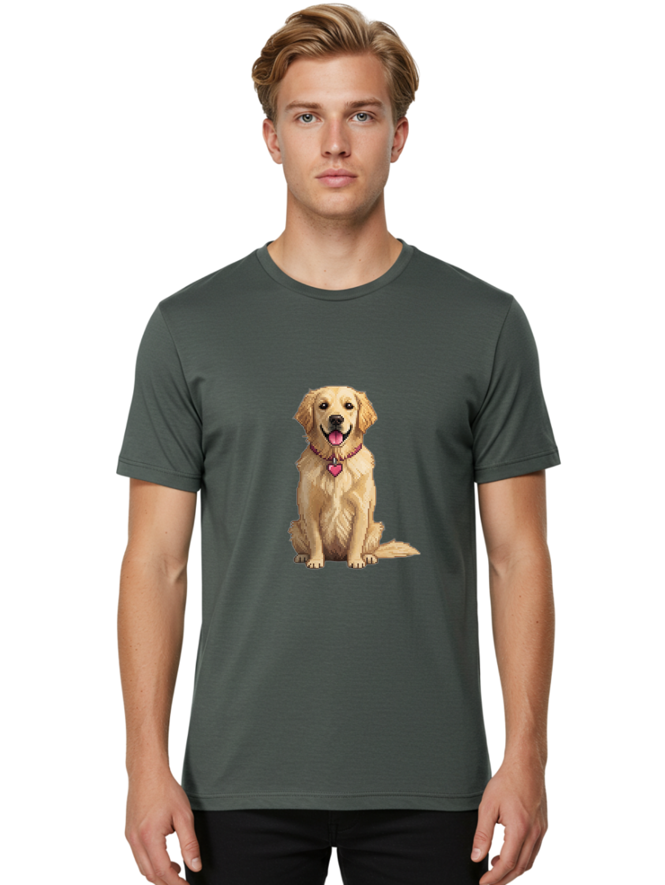 Golden-Retriever-5 Men'S Graphic Tee, 100% Cotton, Comfortable Casual Summer Wear, Machine Washable, Golden Retriever, Dog With Pink Heart Tag, Sitting Dog, Cute Canine, Pet Portrait, Furry Friend, Heartwarming Scene, Lovable Dog, Adorable Pet Bab979