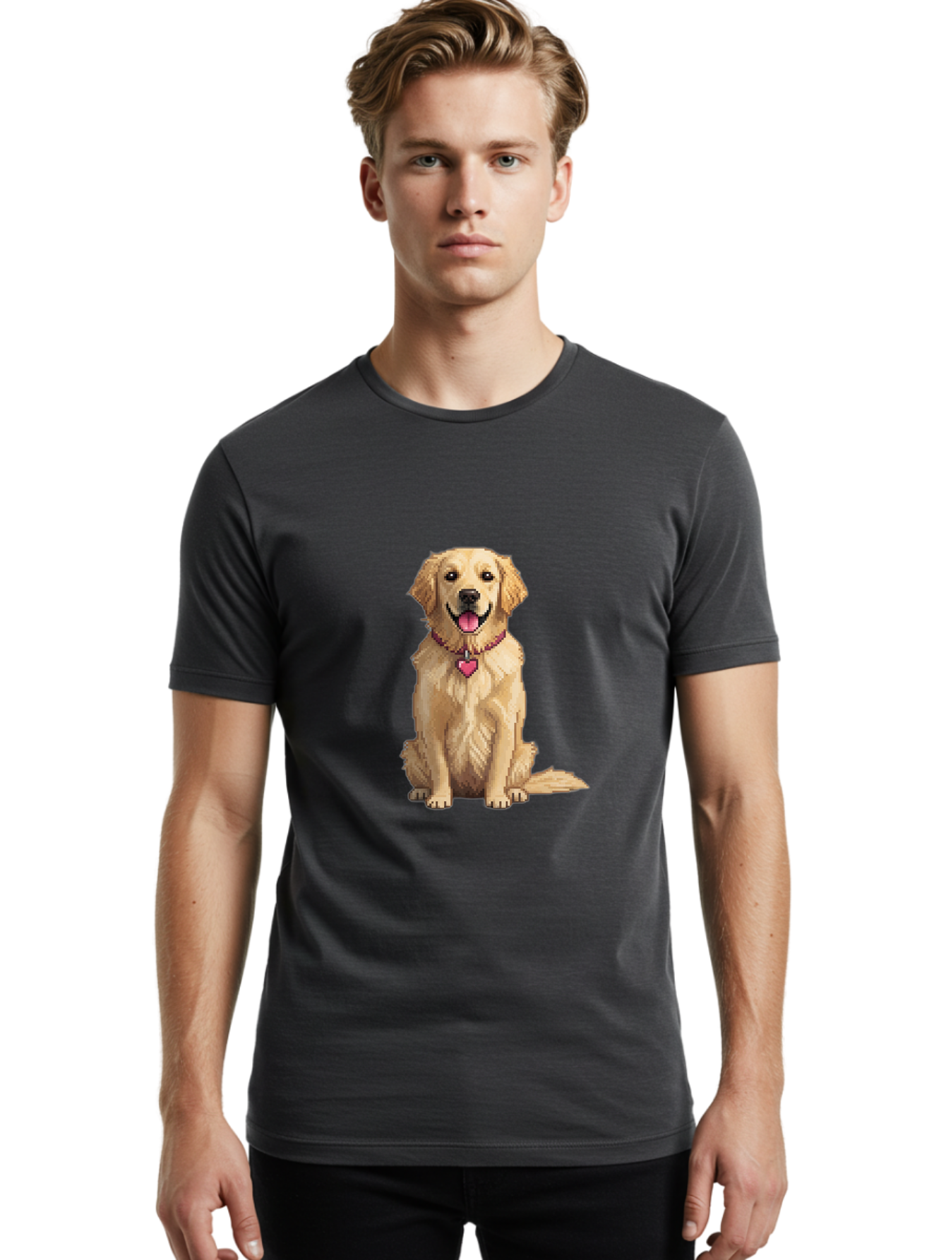 Golden-Retriever-5 Men'S Graphic Tee, 100% Cotton, Comfortable Casual Summer Wear, Machine Washable, Golden Retriever, Dog With Pink Heart Tag, Sitting Dog, Cute Canine, Pet Portrait, Furry Friend, Heartwarming Scene, Lovable Dog, Adorable Pet Bab979
