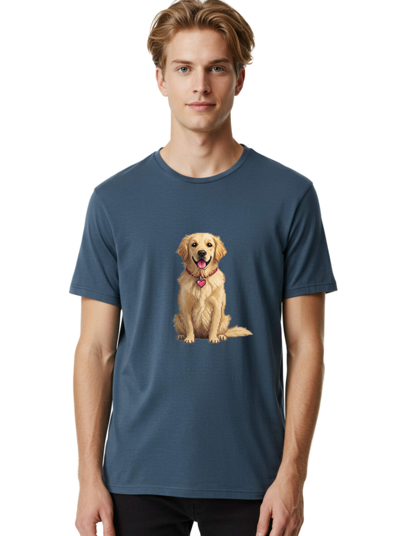 Golden-Retriever-5 Men'S Graphic Tee, 100% Cotton, Comfortable Casual Summer Wear, Machine Washable, Golden Retriever, Dog With Pink Heart Tag, Sitting Dog, Cute Canine, Pet Portrait, Furry Friend, Heartwarming Scene, Lovable Dog, Adorable Pet Bab979