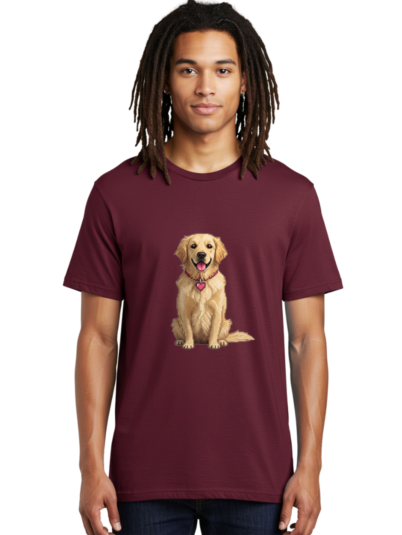 Golden-Retriever-5 Men'S Graphic Tee, 100% Cotton, Comfortable Casual Summer Wear, Machine Washable, Golden Retriever, Dog With Pink Heart Tag, Sitting Dog, Cute Canine, Pet Portrait, Furry Friend, Heartwarming Scene, Lovable Dog, Adorable Pet Bab979