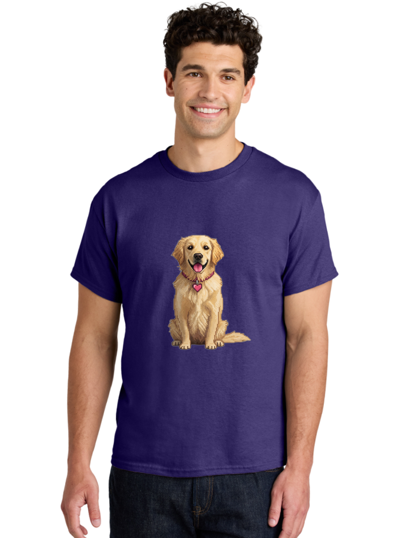 Golden-Retriever-5 Men'S Graphic Tee, 100% Cotton, Comfortable Casual Summer Wear, Machine Washable, Golden Retriever, Dog With Pink Heart Tag, Sitting Dog, Cute Canine, Pet Portrait, Furry Friend, Heartwarming Scene, Lovable Dog, Adorable Pet Bab979
