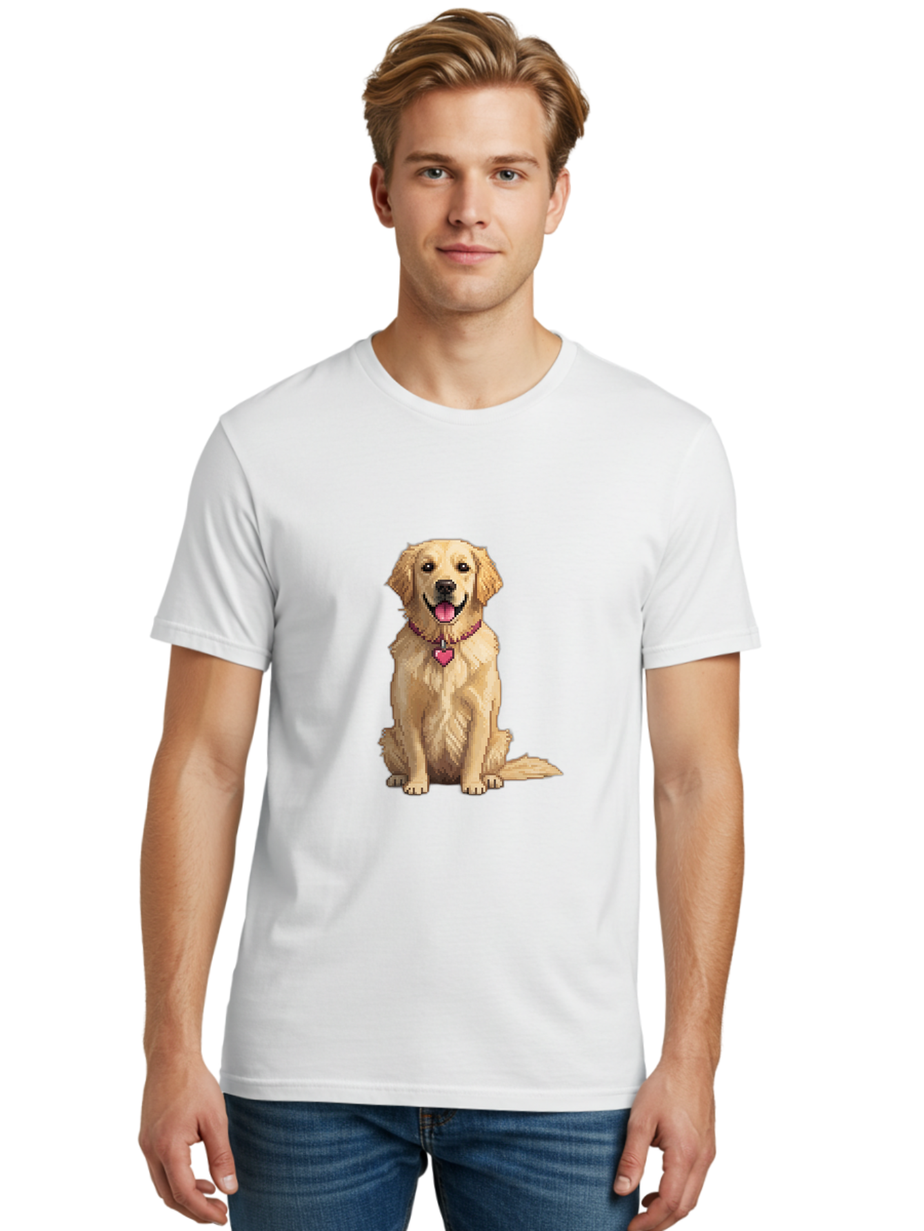 Golden-Retriever-5 Men'S Graphic Tee, 100% Cotton, Comfortable Casual Summer Wear, Machine Washable, Golden Retriever, Dog With Pink Heart Tag, Sitting Dog, Cute Canine, Pet Portrait, Furry Friend, Heartwarming Scene, Lovable Dog, Adorable Pet Bab979