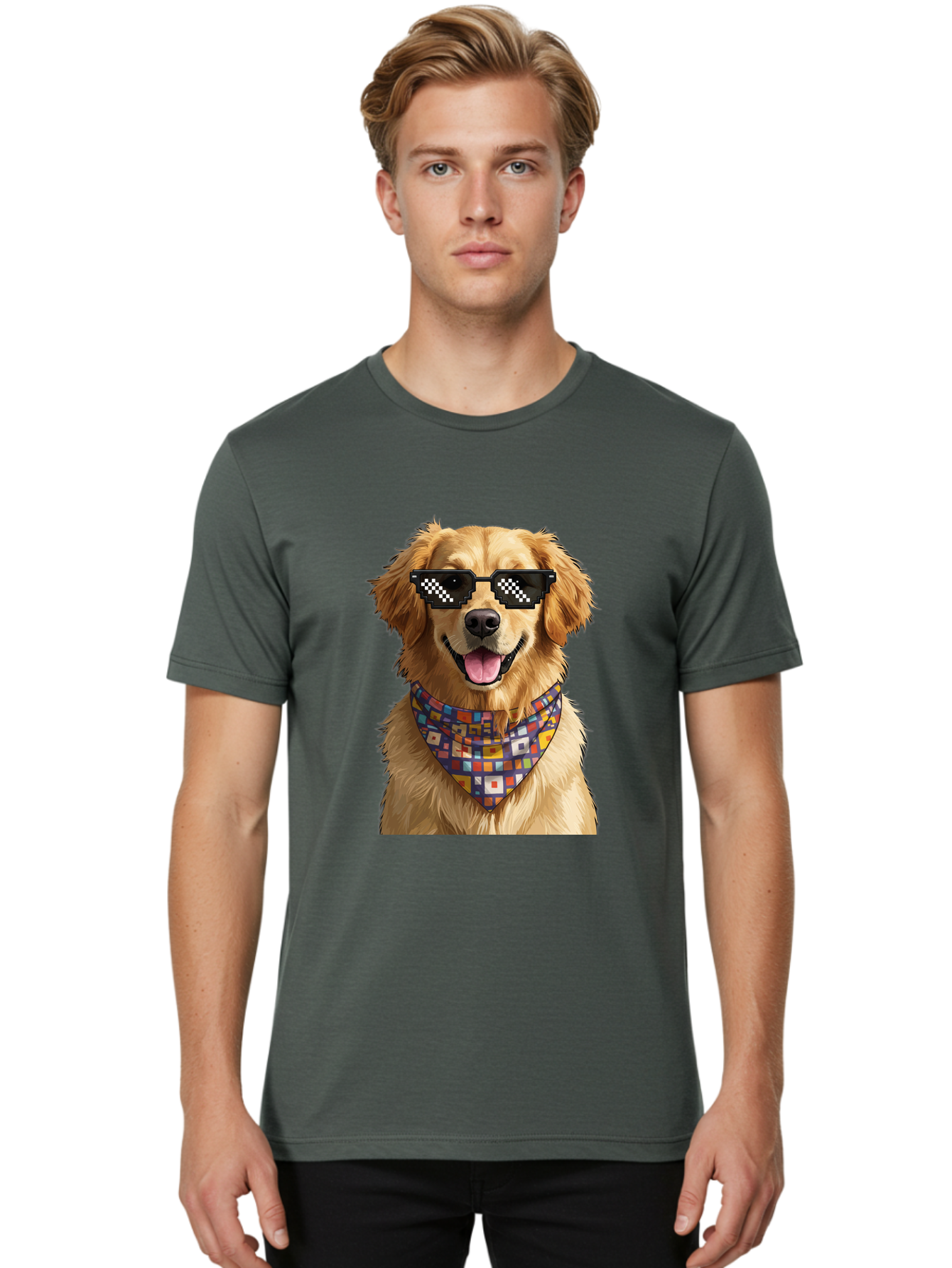 Golden-Retriever-6 Men'S Graphic Tee, 100% Cotton, Comfortable Casual Summer Wear, Machine Washable, Happy Golden Retriever, Cool Dog, Sunglasses, Checkered Pattern, Bandana, Colorful, Fun, Playful, Cute, Furry Friend, Dog Lover, Bab980