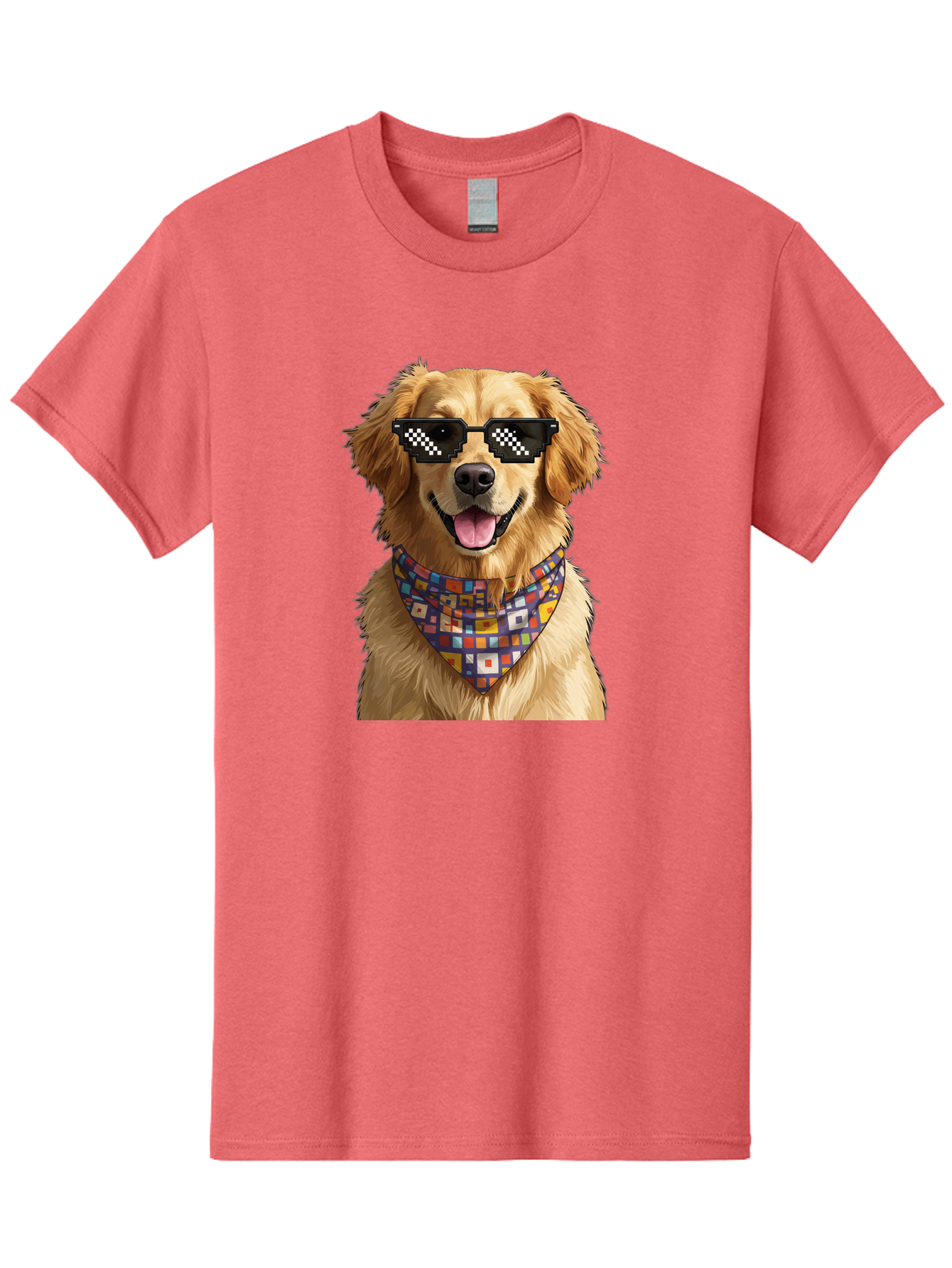 Golden-Retriever-6 Men'S Graphic Tee, 100% Cotton, Comfortable Casual Summer Wear, Machine Washable, Happy Golden Retriever, Cool Dog, Sunglasses, Checkered Pattern, Bandana, Colorful, Fun, Playful, Cute, Furry Friend, Dog Lover, Bab980