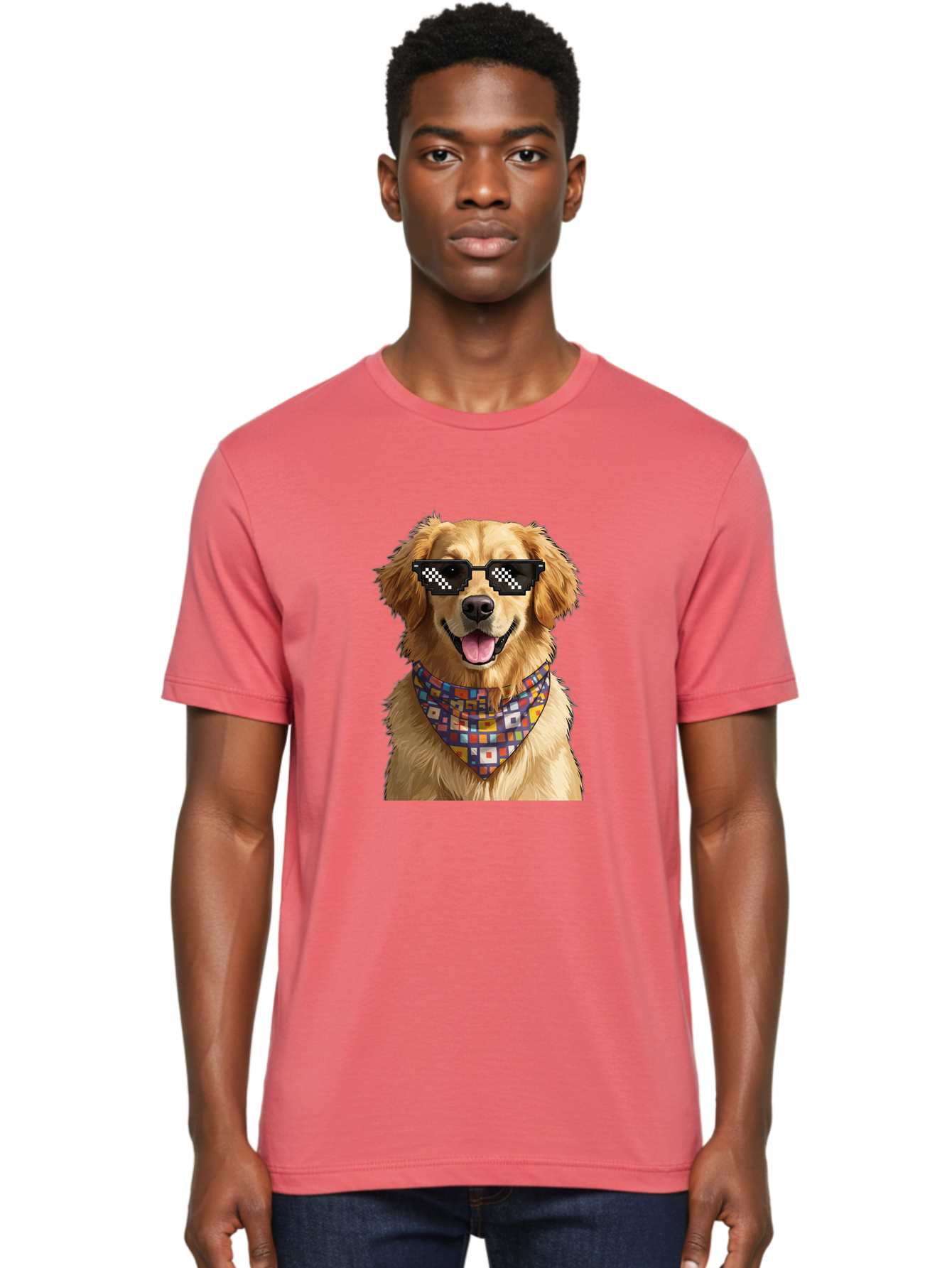Golden-Retriever-6 Men'S Graphic Tee, 100% Cotton, Comfortable Casual Summer Wear, Machine Washable, Happy Golden Retriever, Cool Dog, Sunglasses, Checkered Pattern, Bandana, Colorful, Fun, Playful, Cute, Furry Friend, Dog Lover, Bab980