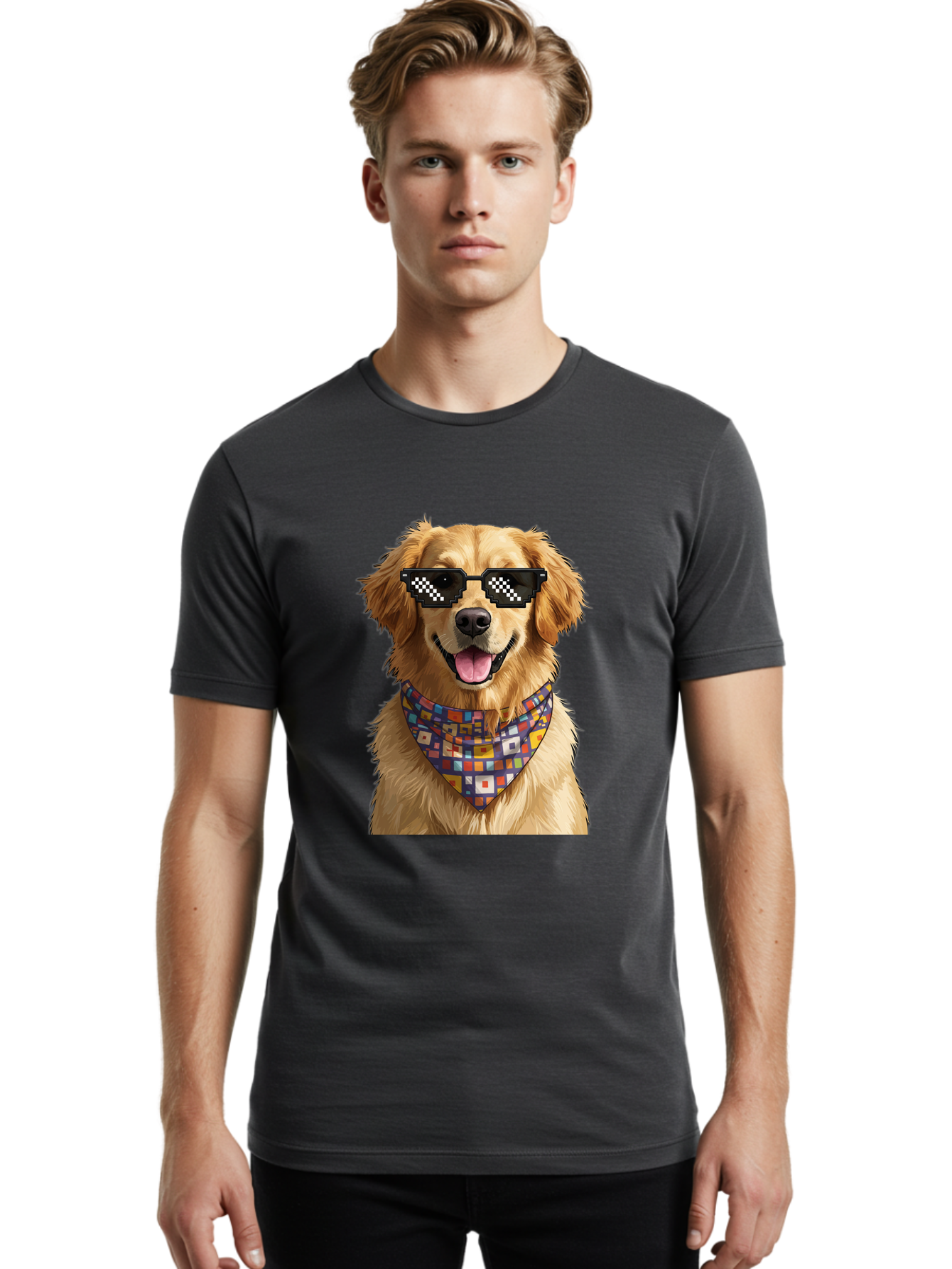 Golden-Retriever-6 Men'S Graphic Tee, 100% Cotton, Comfortable Casual Summer Wear, Machine Washable, Happy Golden Retriever, Cool Dog, Sunglasses, Checkered Pattern, Bandana, Colorful, Fun, Playful, Cute, Furry Friend, Dog Lover, Bab980