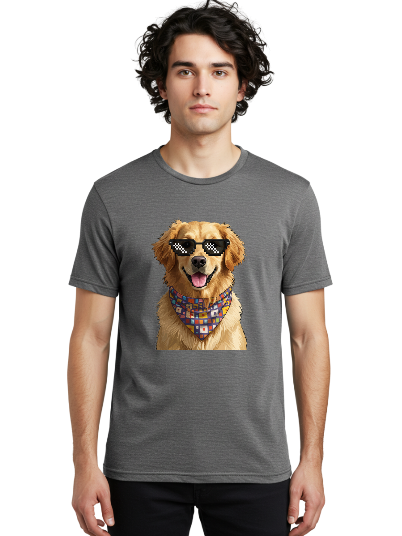 Golden-Retriever-6 Men'S Graphic Tee, 100% Cotton, Comfortable Casual Summer Wear, Machine Washable, Happy Golden Retriever, Cool Dog, Sunglasses, Checkered Pattern, Bandana, Colorful, Fun, Playful, Cute, Furry Friend, Dog Lover, Bab980