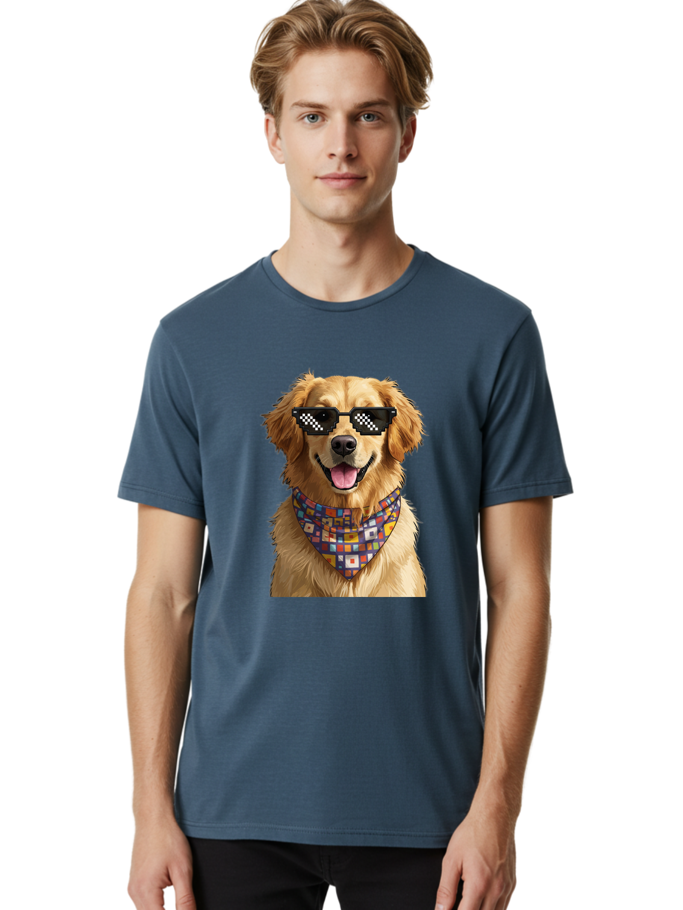 Golden-Retriever-6 Men'S Graphic Tee, 100% Cotton, Comfortable Casual Summer Wear, Machine Washable, Happy Golden Retriever, Cool Dog, Sunglasses, Checkered Pattern, Bandana, Colorful, Fun, Playful, Cute, Furry Friend, Dog Lover, Bab980