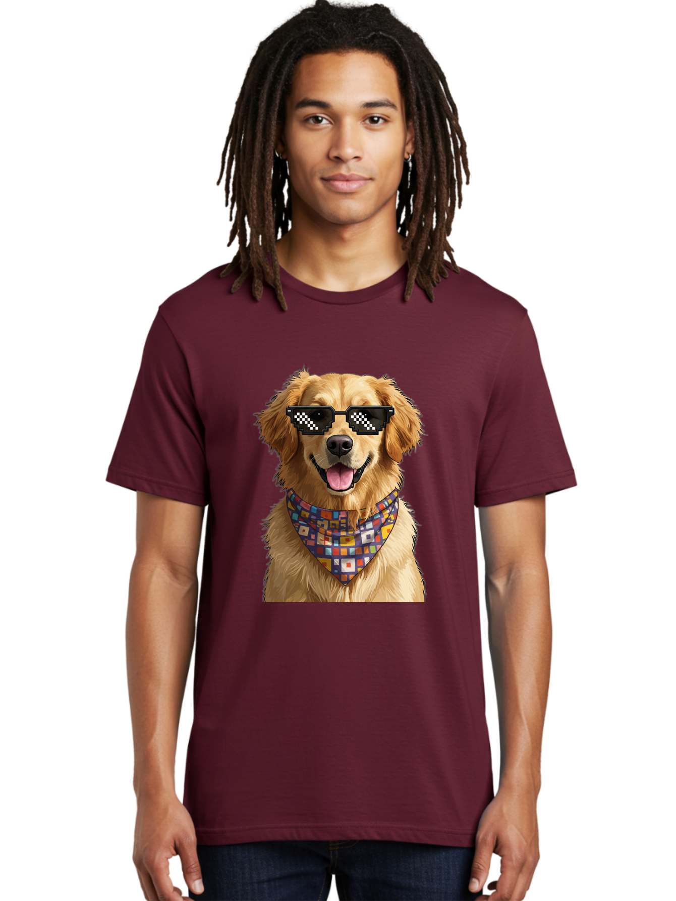 Golden-Retriever-6 Men'S Graphic Tee, 100% Cotton, Comfortable Casual Summer Wear, Machine Washable, Happy Golden Retriever, Cool Dog, Sunglasses, Checkered Pattern, Bandana, Colorful, Fun, Playful, Cute, Furry Friend, Dog Lover, Bab980