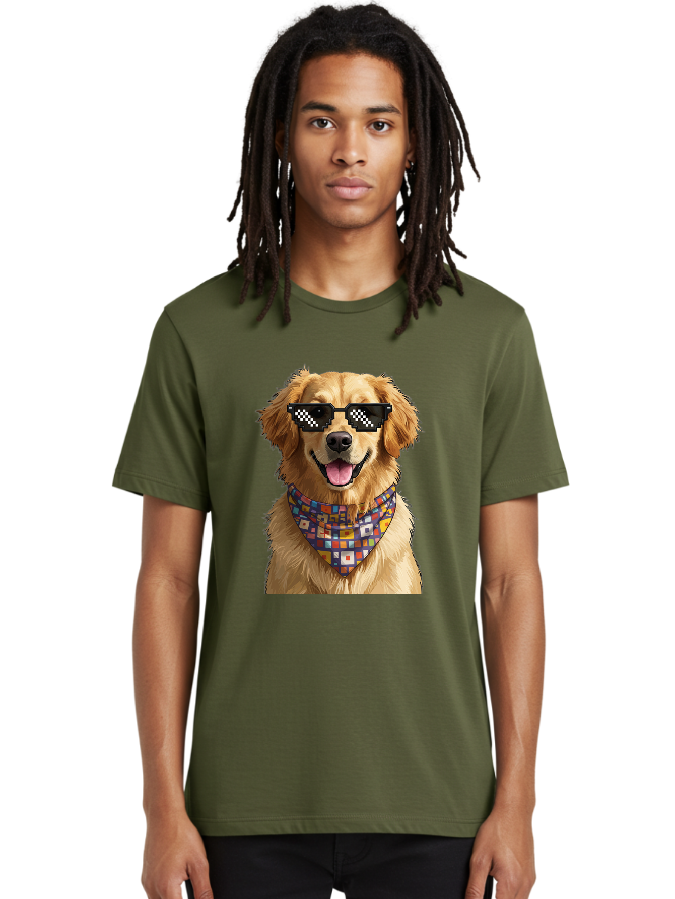 Golden-Retriever-6 Men'S Graphic Tee, 100% Cotton, Comfortable Casual Summer Wear, Machine Washable, Happy Golden Retriever, Cool Dog, Sunglasses, Checkered Pattern, Bandana, Colorful, Fun, Playful, Cute, Furry Friend, Dog Lover, Bab980