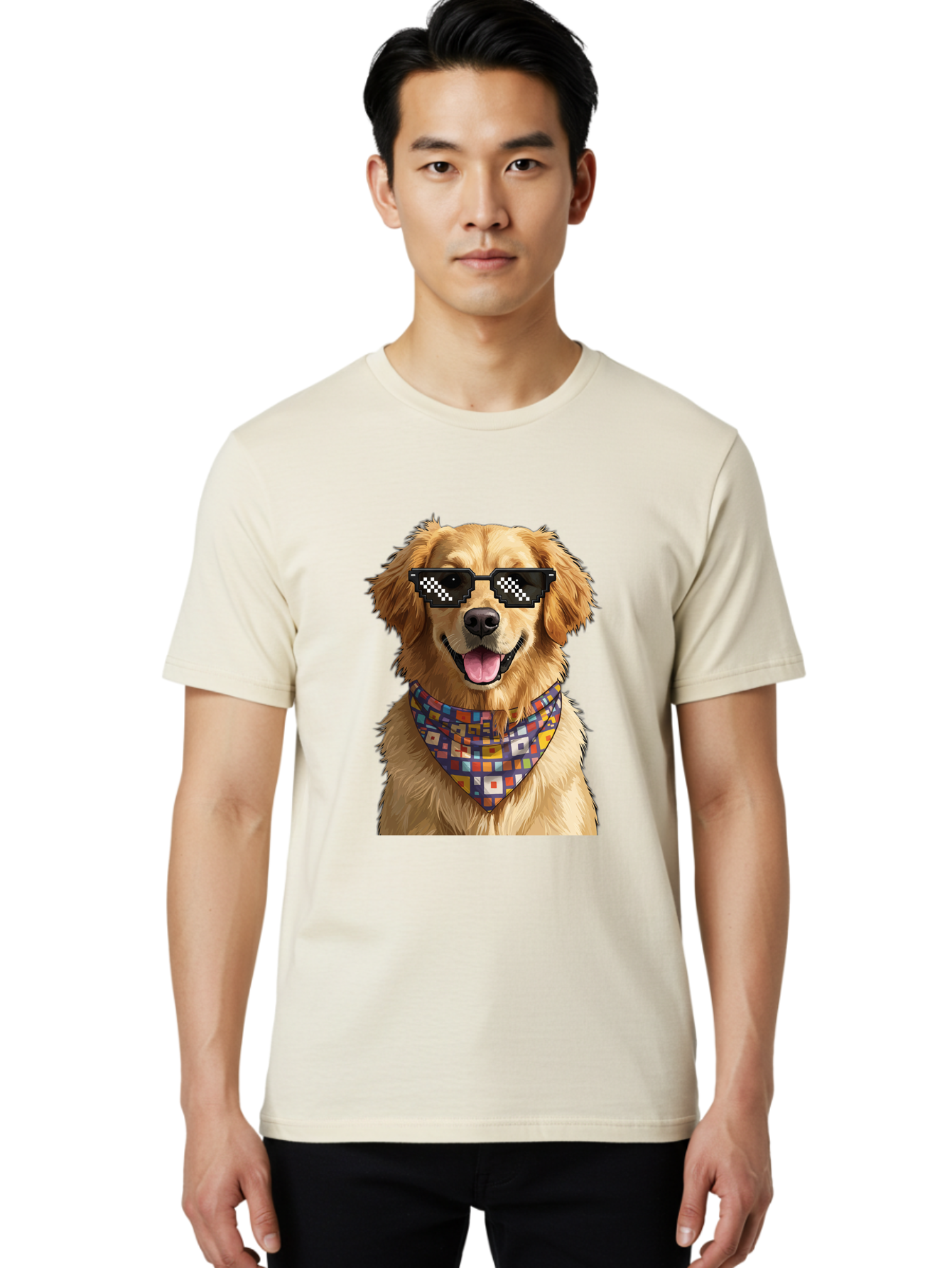 Golden-Retriever-6 Men'S Graphic Tee, 100% Cotton, Comfortable Casual Summer Wear, Machine Washable, Happy Golden Retriever, Cool Dog, Sunglasses, Checkered Pattern, Bandana, Colorful, Fun, Playful, Cute, Furry Friend, Dog Lover, Bab980