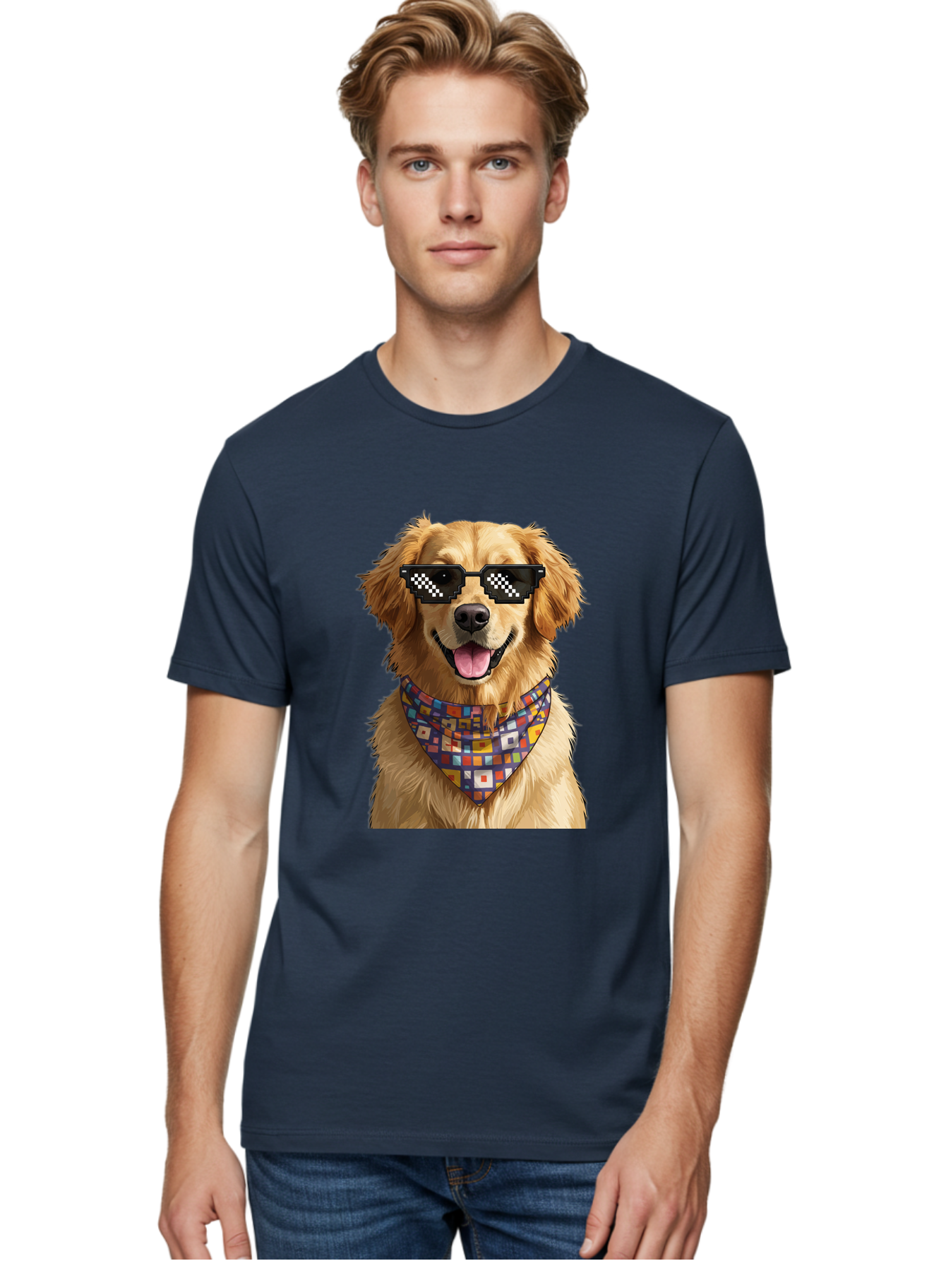 Golden-Retriever-6 Men'S Graphic Tee, 100% Cotton, Comfortable Casual Summer Wear, Machine Washable, Happy Golden Retriever, Cool Dog, Sunglasses, Checkered Pattern, Bandana, Colorful, Fun, Playful, Cute, Furry Friend, Dog Lover, Bab980