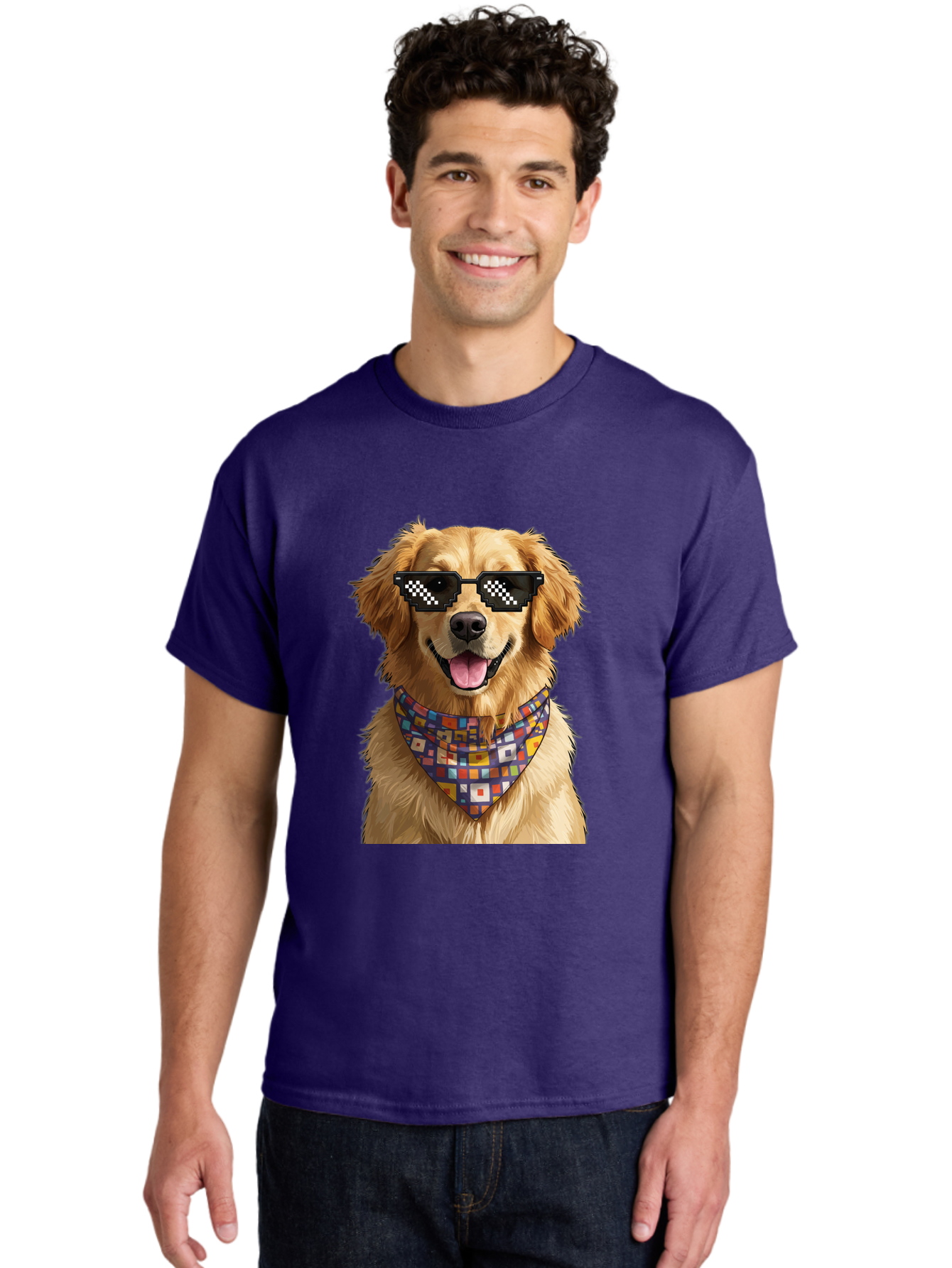 Golden-Retriever-6 Men'S Graphic Tee, 100% Cotton, Comfortable Casual Summer Wear, Machine Washable, Happy Golden Retriever, Cool Dog, Sunglasses, Checkered Pattern, Bandana, Colorful, Fun, Playful, Cute, Furry Friend, Dog Lover, Bab980