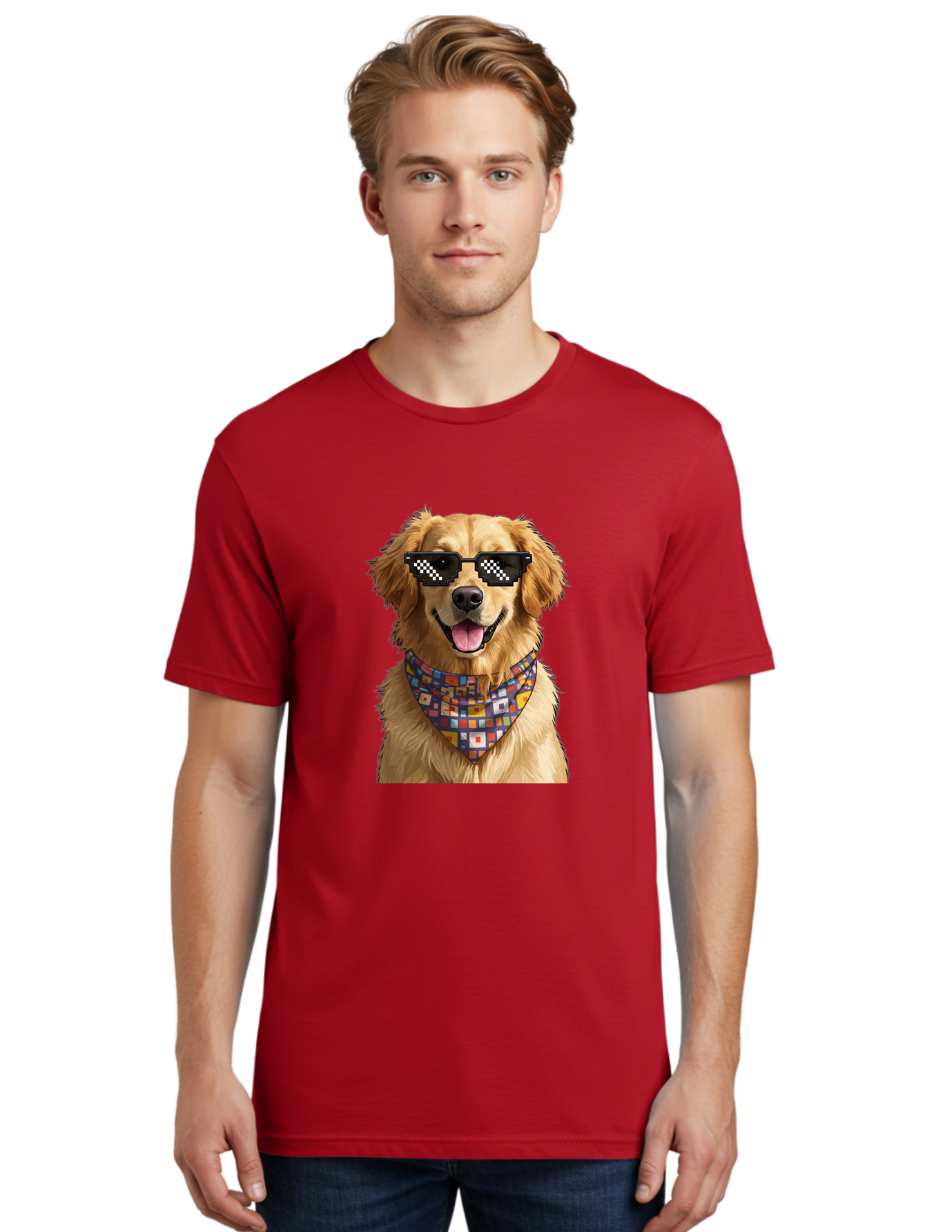 Golden-Retriever-6 Men'S Graphic Tee, 100% Cotton, Comfortable Casual Summer Wear, Machine Washable, Happy Golden Retriever, Cool Dog, Sunglasses, Checkered Pattern, Bandana, Colorful, Fun, Playful, Cute, Furry Friend, Dog Lover, Bab980