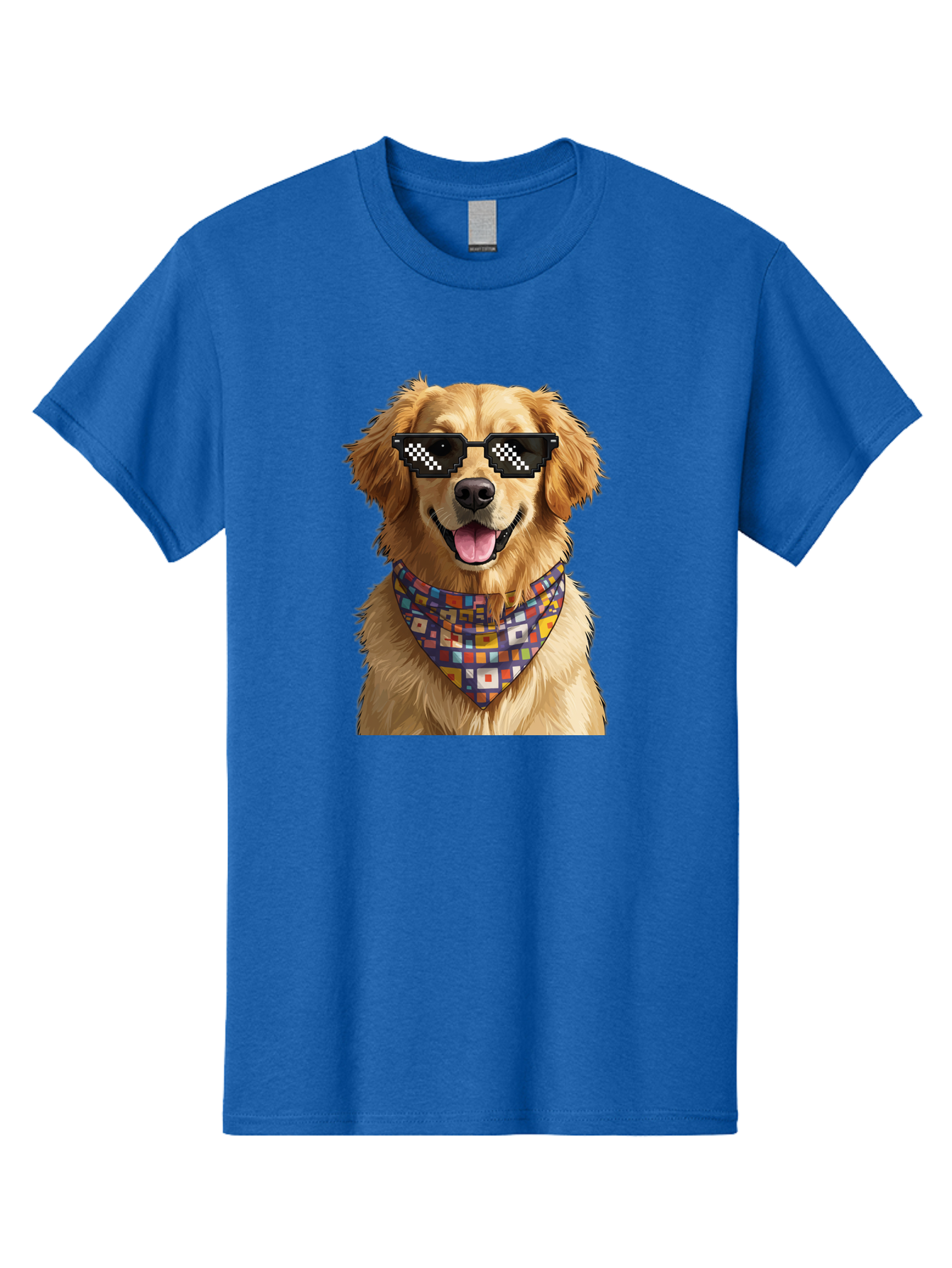 Golden-Retriever-6 Men'S Graphic Tee, 100% Cotton, Comfortable Casual Summer Wear, Machine Washable, Happy Golden Retriever, Cool Dog, Sunglasses, Checkered Pattern, Bandana, Colorful, Fun, Playful, Cute, Furry Friend, Dog Lover, Bab980